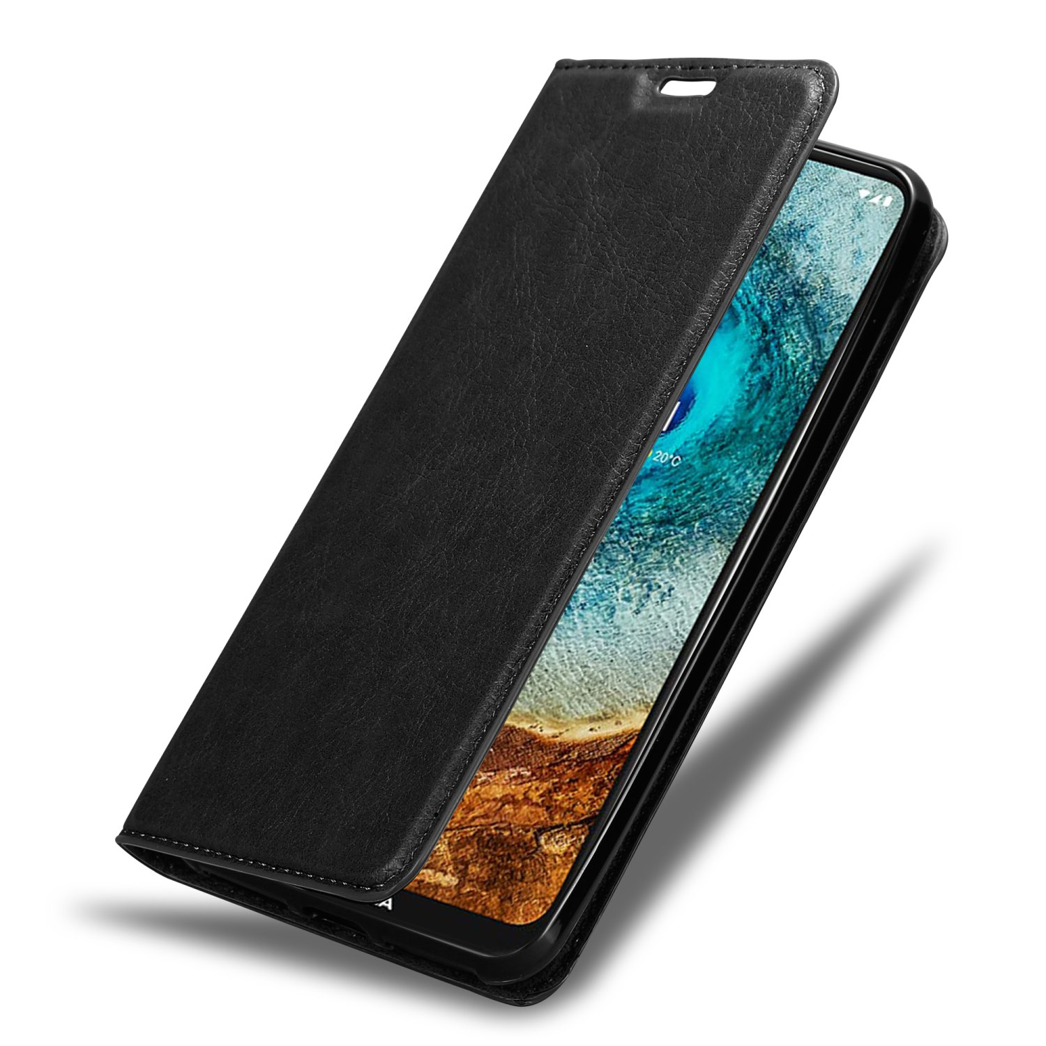 Schwarze Leder-Handyhülle mit offenem Deckel, zeigt einen Telefonbildschirm. Weißer Hintergrund.