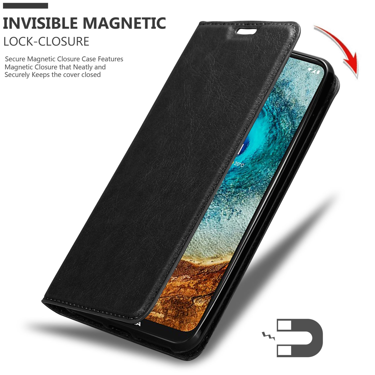 Schwarze Handyhülle mit offenem Deckel. Telefonbildschirm sichtbar. Magnetverschluss rechts unten gezeigt.