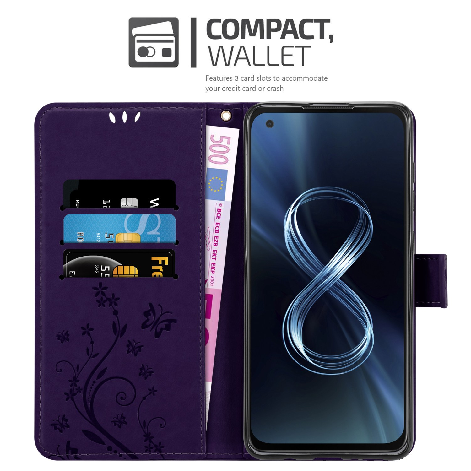 Una custodia per telefono viola con carte e denaro all'interno e un telefono con schermo nero.