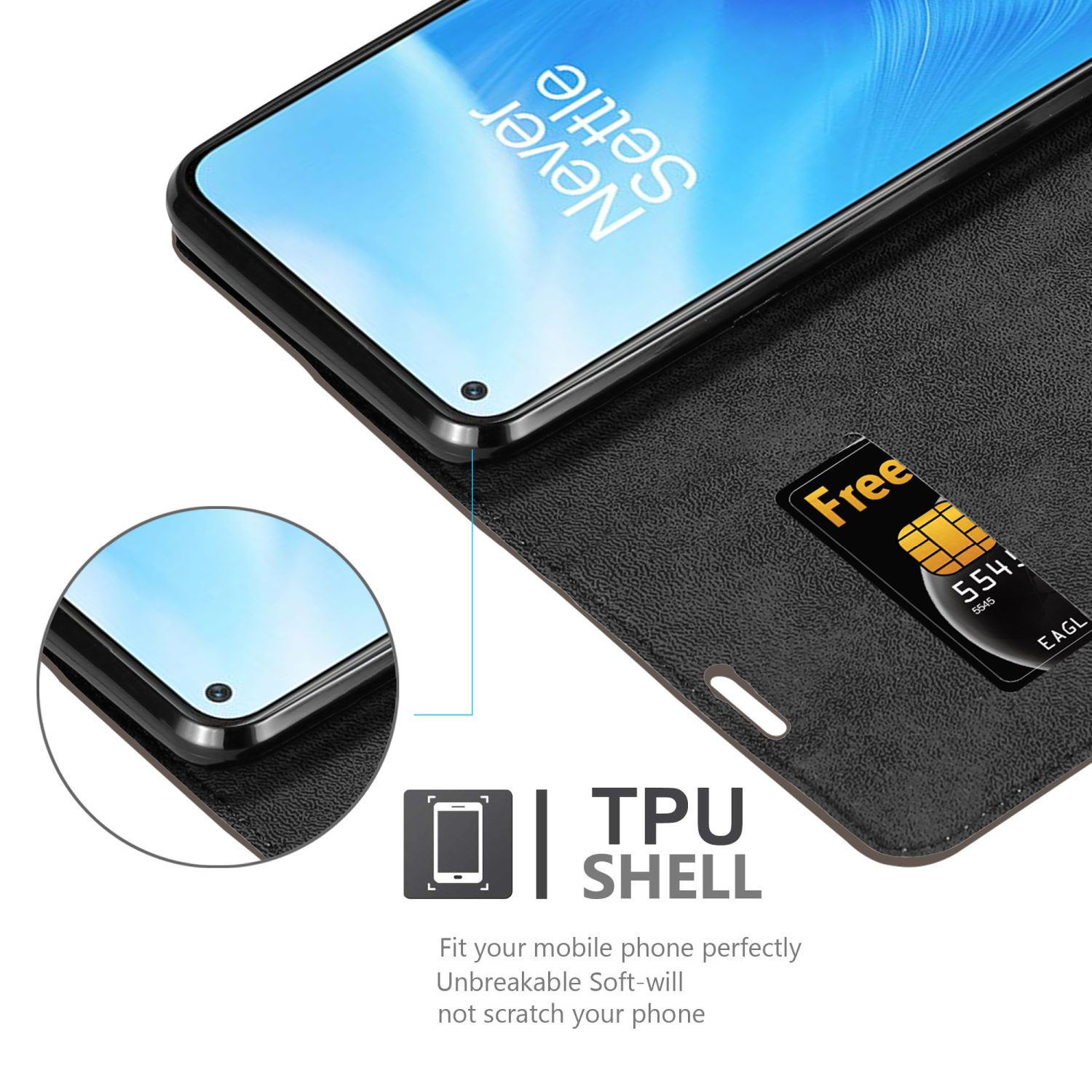 Custodia per telefono nera con telefono all'interno e scheda SIM gratuita, con testo TPU shell.