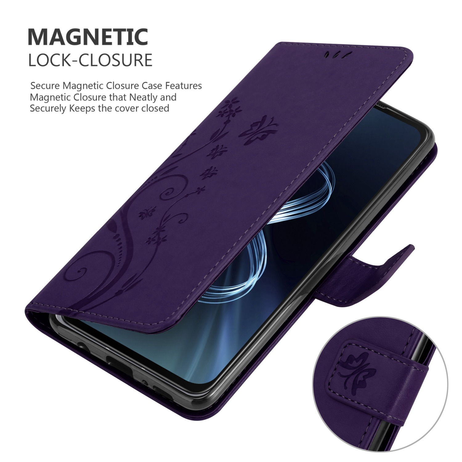 Una custodia per telefono floreale viola è aperta, rivelando un telefono. La custodia ha una chiusura magnetica e un design floreale.