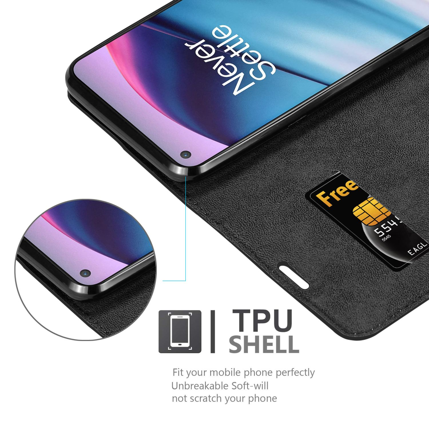 Un telefono nero con un'immagine blu sullo schermo all'interno di una custodia nera in TPU con una SIM.