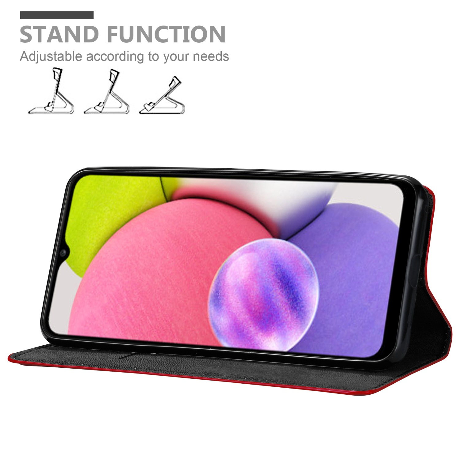 Custodia per telefono; rossa, con funzione stand mostrata con diagrammi di diverse posizioni.
