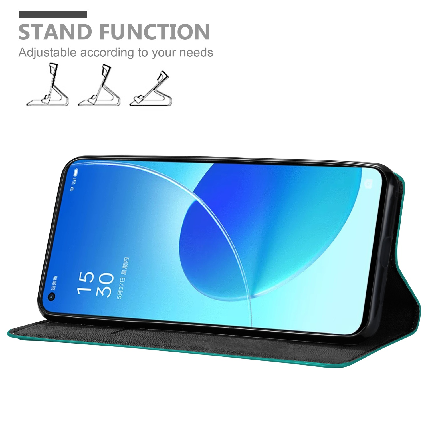 Un telefono in una custodia verde con funzione supporto, mostrato da diverse angolazioni, con testo sulla regolazione.