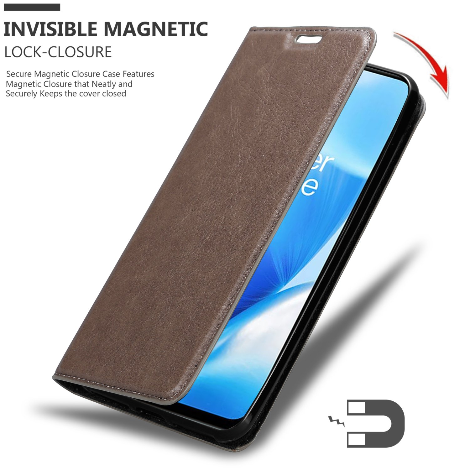 Una custodia per telefono marrone con coperchio aperto. Il telefono è nero e il coperchio ha una chiusura magnetica.