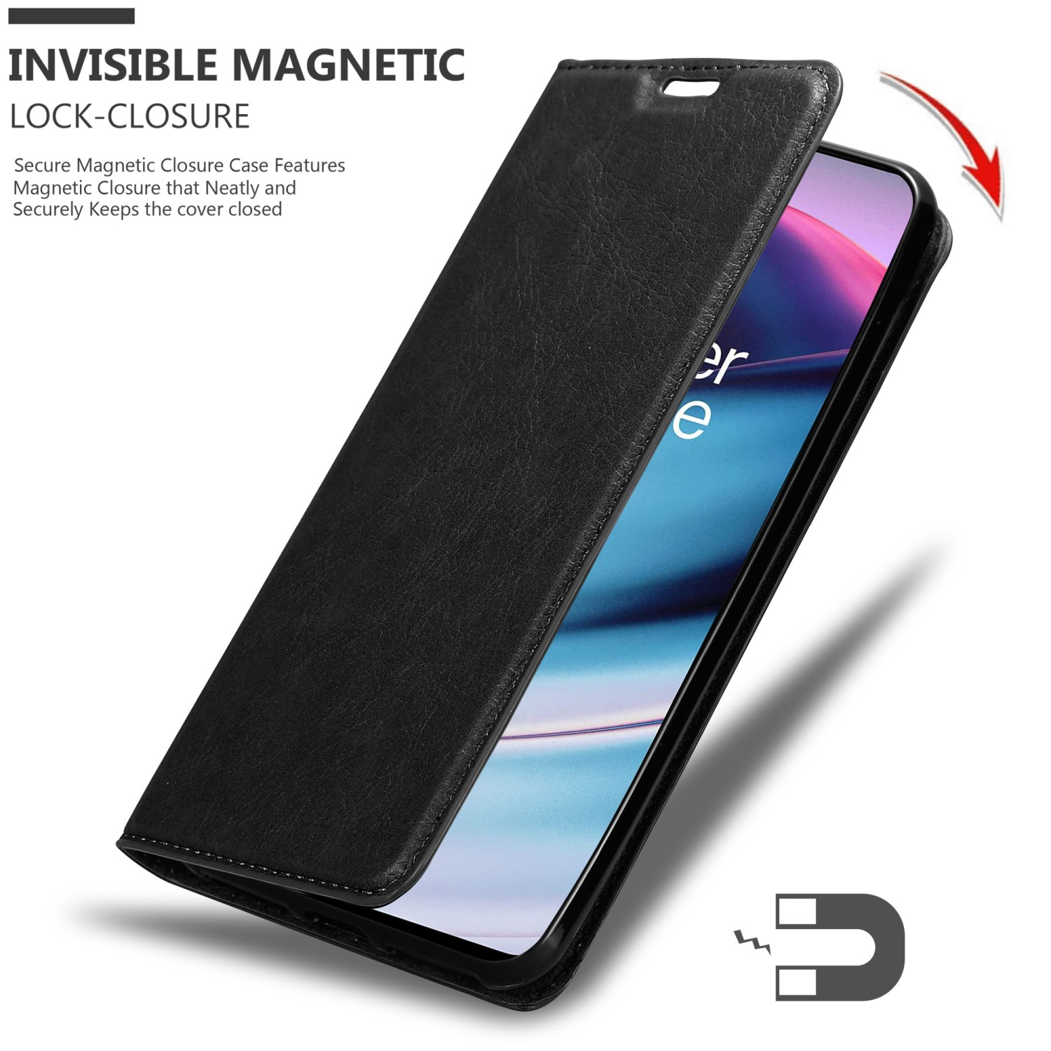 Custodia per telefono nera con chiusura magnetica. La custodia è aperta, rivelando il telefono.