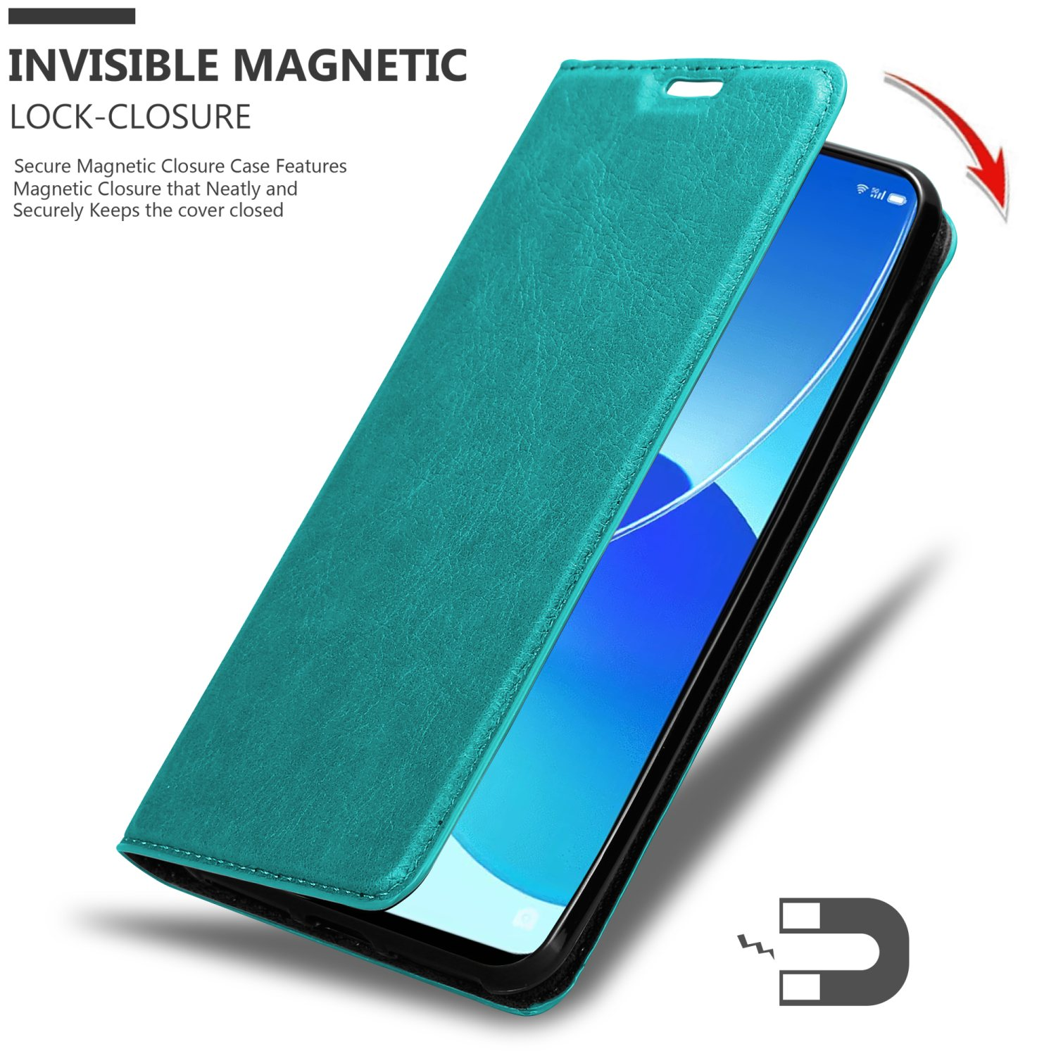 Custodia per telefono verde acqua aperta che mostra un telefono. Vengono mostrate una freccia e un simbolo di magnete.
