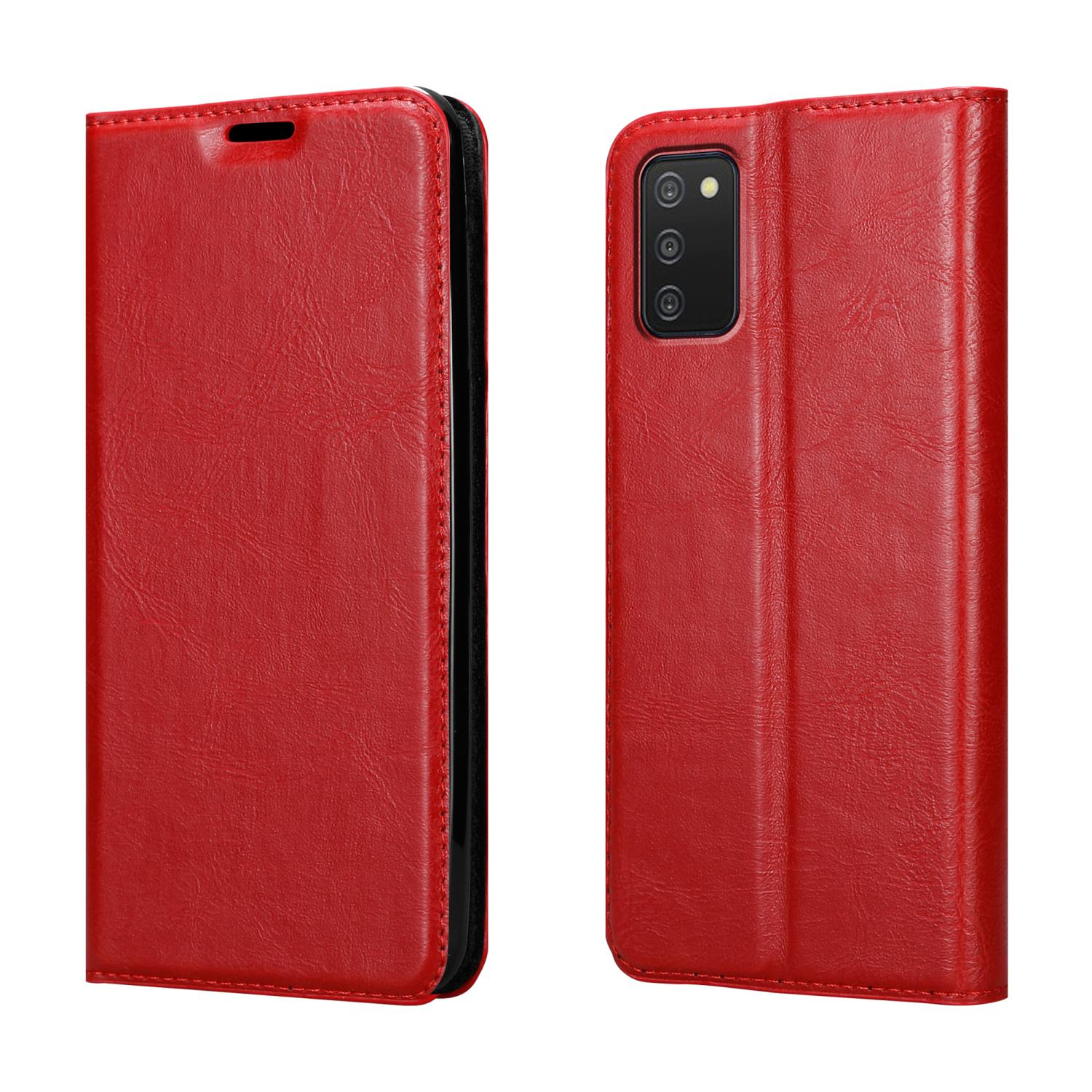 Custodia per telefono in pelle rossa, aperta, che mostra interno e fori fotocamera.