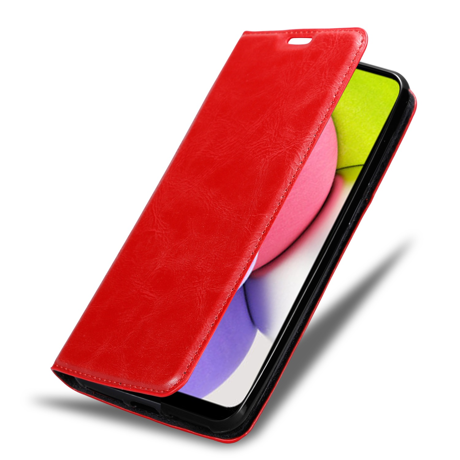 Una custodia per telefono in pelle rossa, aperta. Lo schermo del telefono è visibile all'interno.