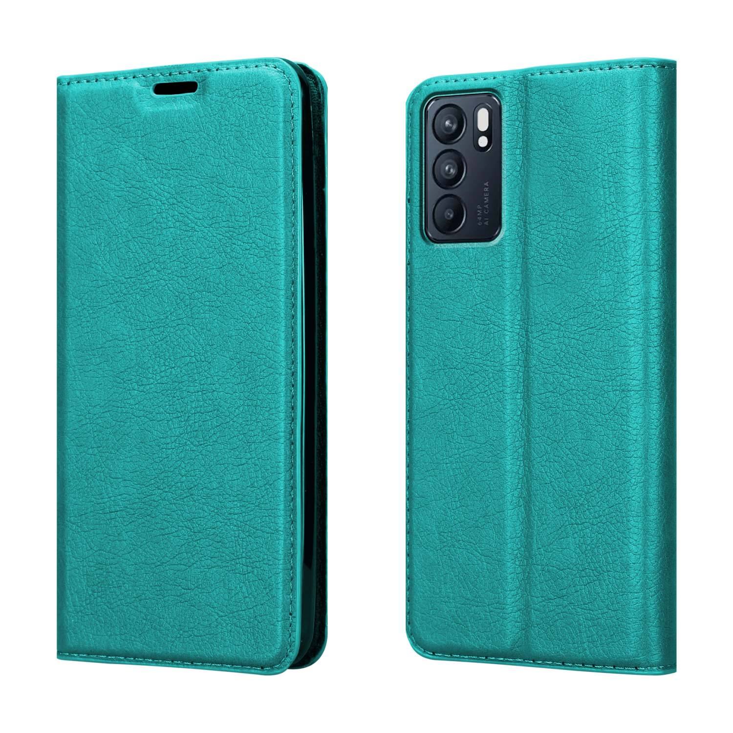 Custodia in pelle verde acqua, aperta. Telefono e fotocamere visibili. Due parti.