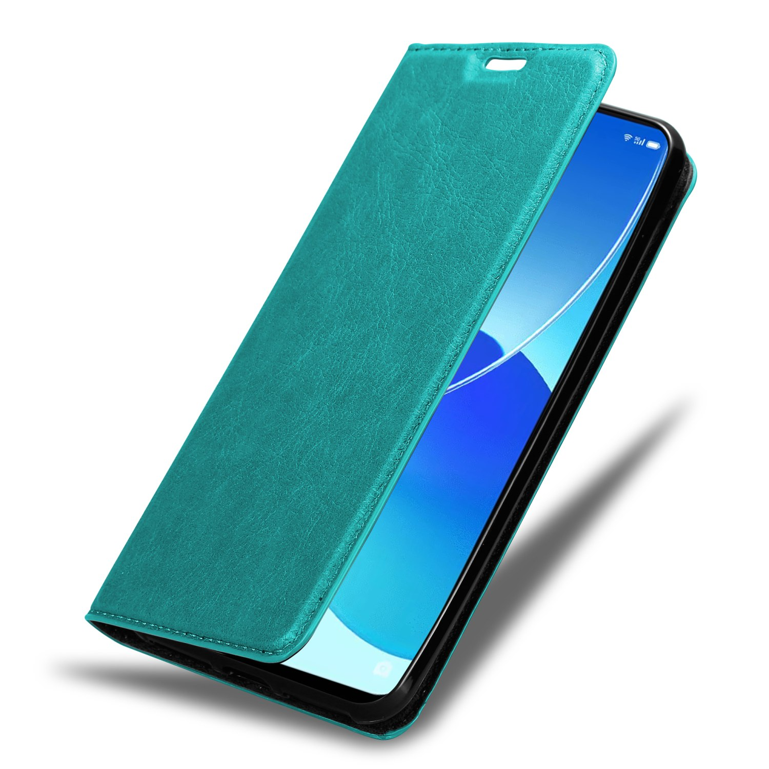 Custodia per telefono verde acqua. Custodia aperta che mostra lo schermo del telefono. Bordo nero.