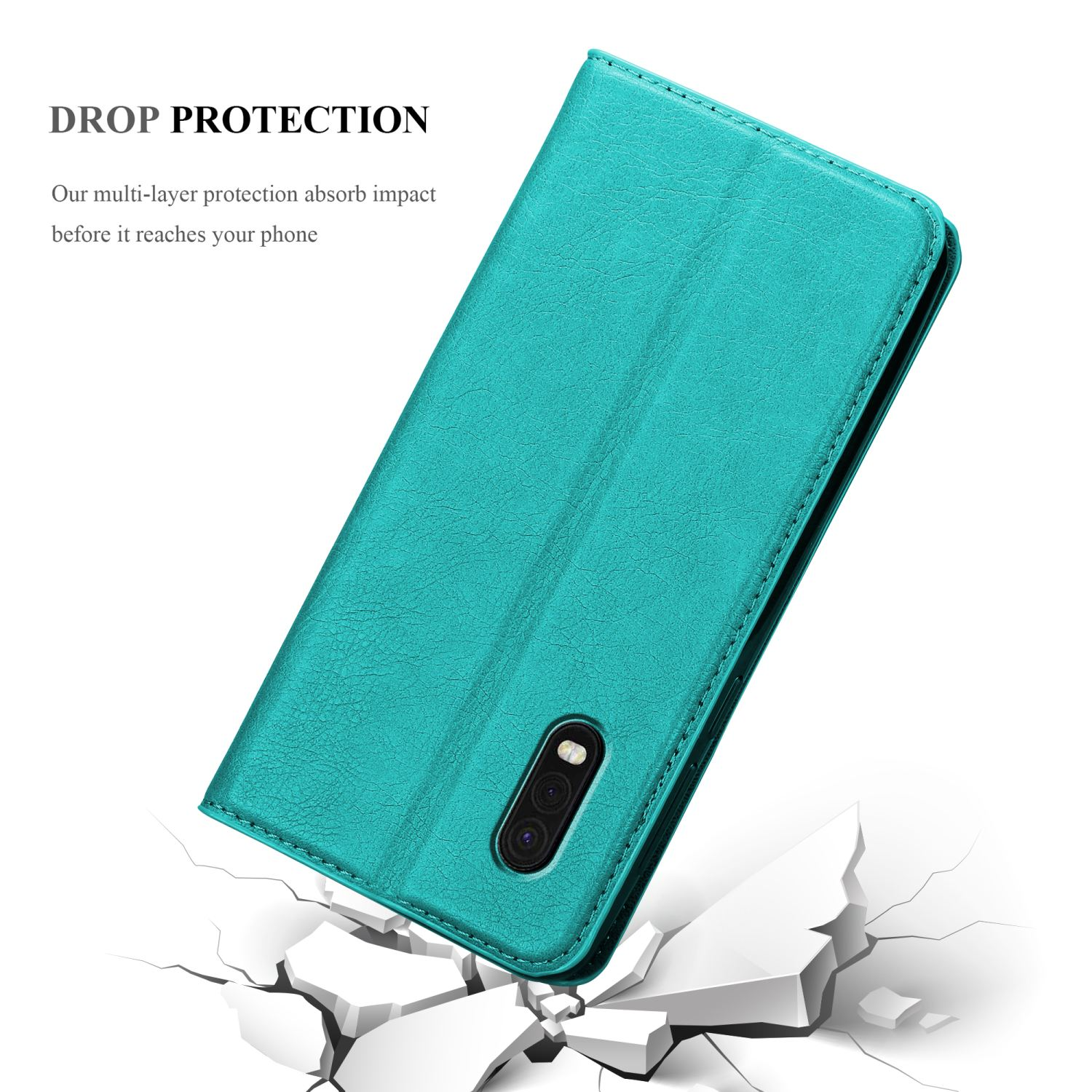 Custodia per telefono verde acqua, aperta per mostrare un telefono. La custodia ha un motivo strutturato. Sfondo bianco.