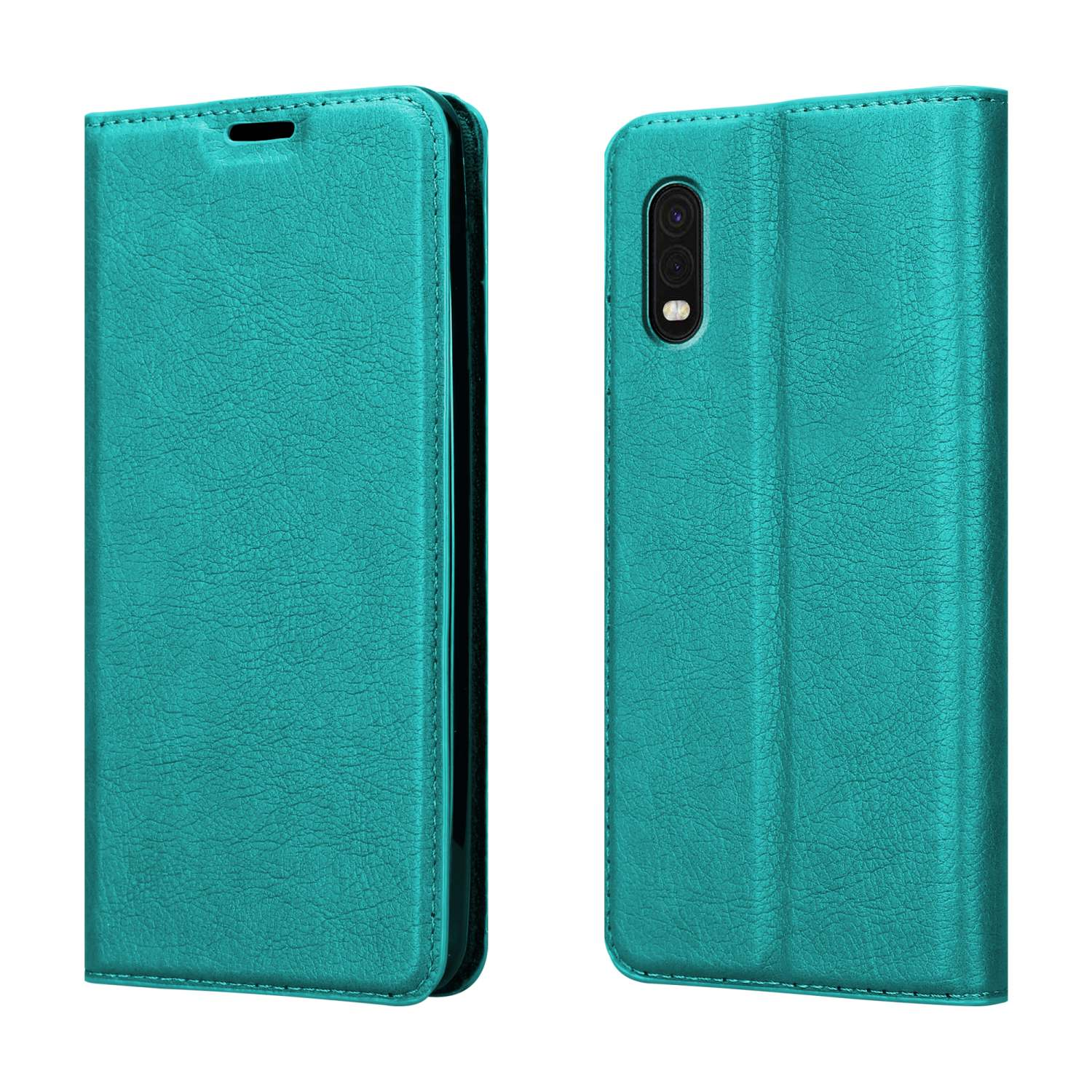 Custodia del telefono verde acqua aperta e chiusa, texture in pelle.
