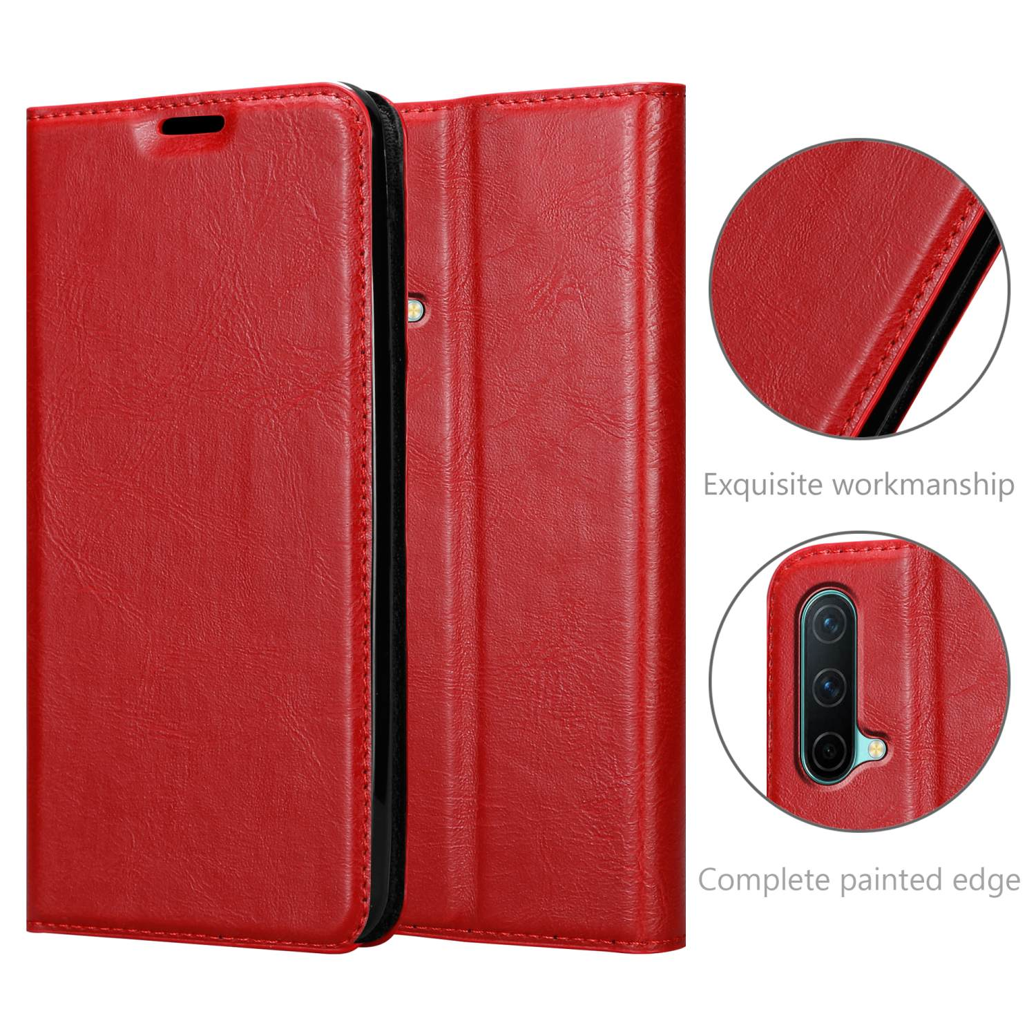 Custodia per telefono in pelle rossa. La custodia è aperta. Sono mostrati i dettagli delle cuciture e dell'intaglio della fotocamera.