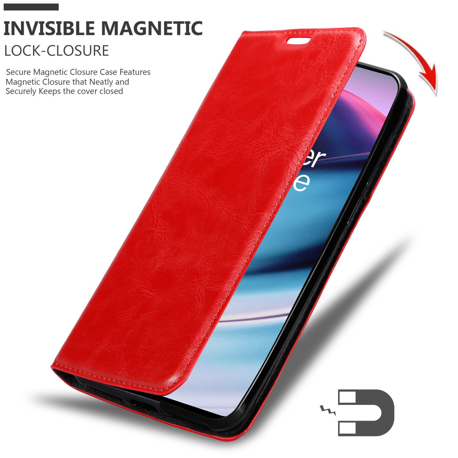 Custodia per telefono rossa con chiusura magnetica. La cover è aperta. Simbolo magnete.