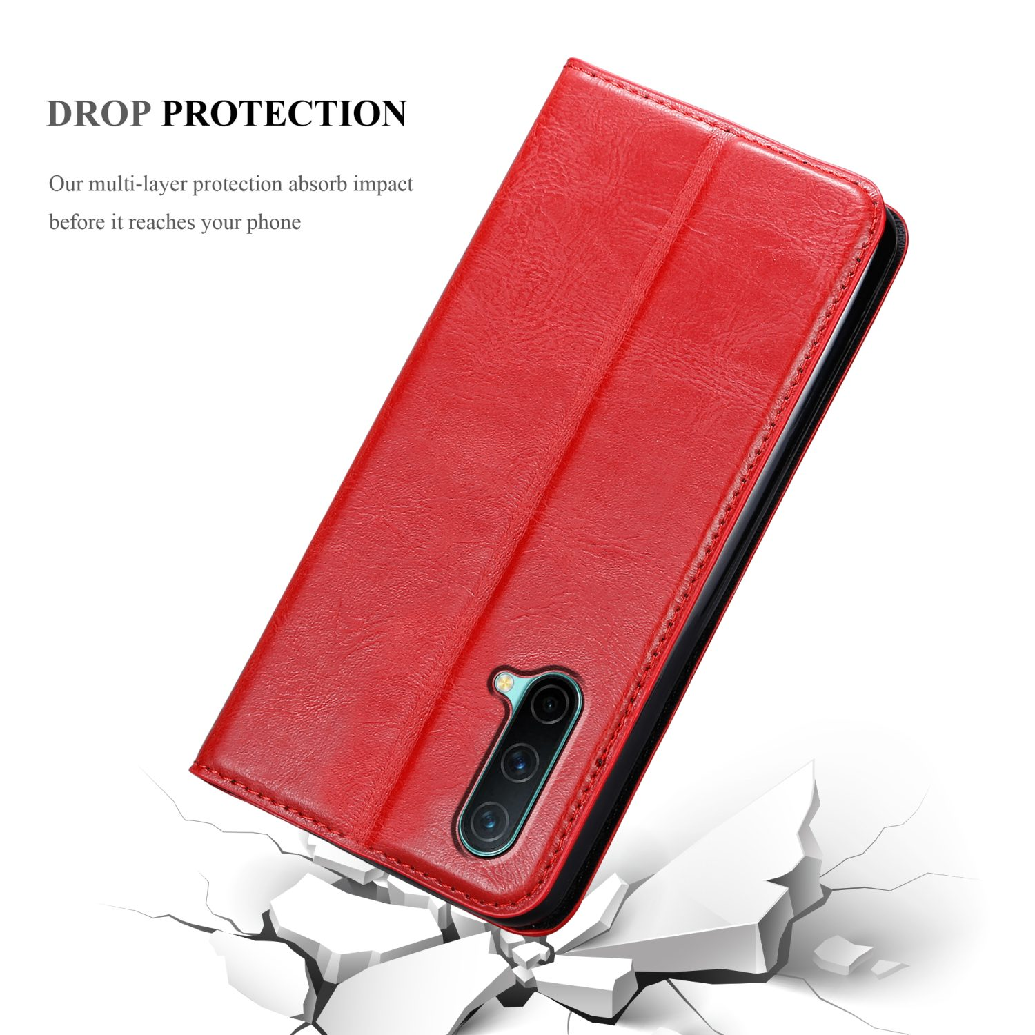 Una custodia per telefono rossa, aperta, che mostra un telefono, con un effetto crepa sotto e il testo 'Drop Protection'.