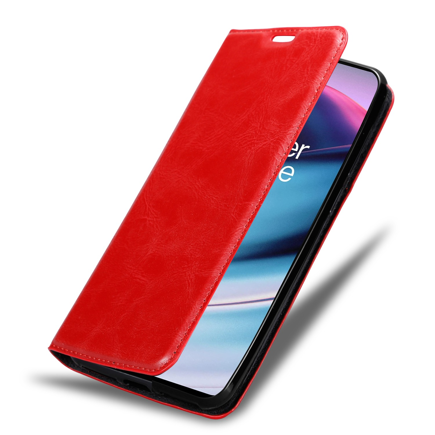 Custodia rossa per telefono, aperta, che mostra un telefono. La cover è aperta.