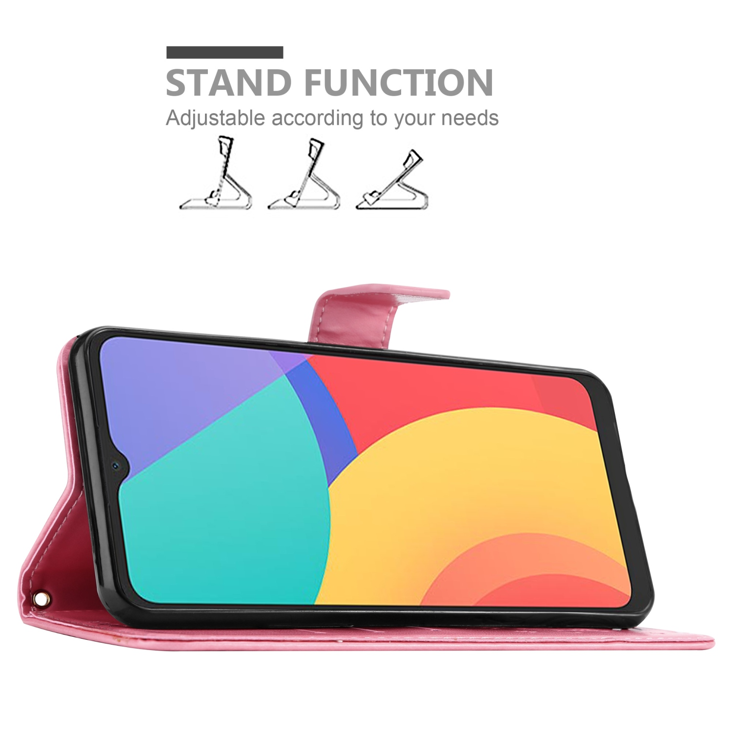 Custodia rosa per telefono, con schermo colorato. Ha una funzione di supporto.