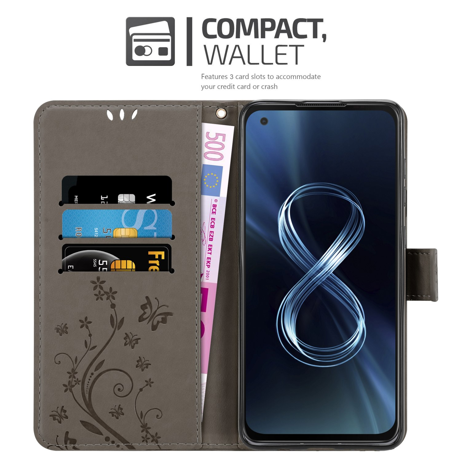 Una custodia a portafoglio per telefono con tre slot per carte e un telefono. Il caso ha un design floreale e una banconota da 500 euro.