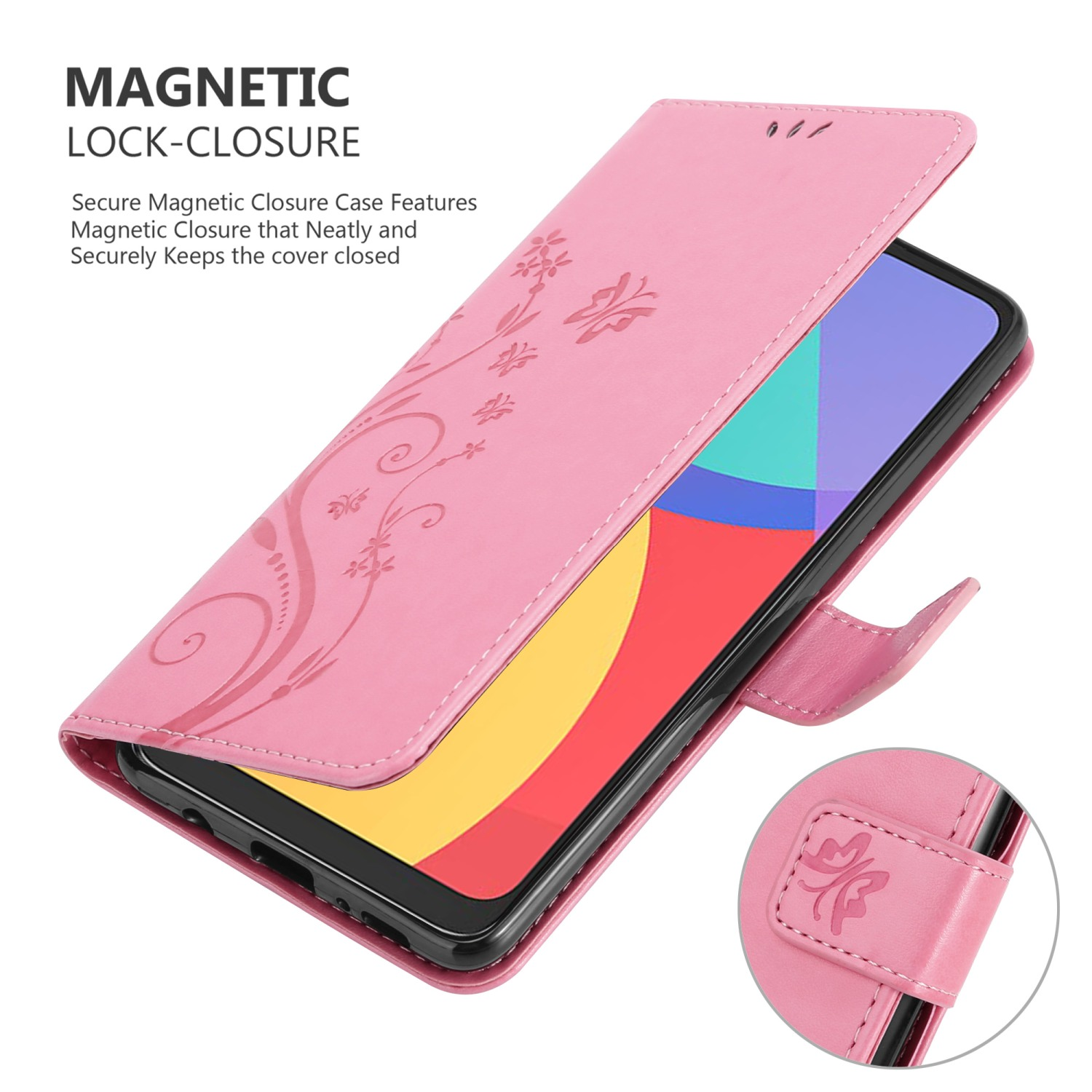 Custodia rosa per telefono con motivo floreale, aperta, che rivela un telefono. Testo: Chiusura magnetica. È visibile un piccolo pulsante.