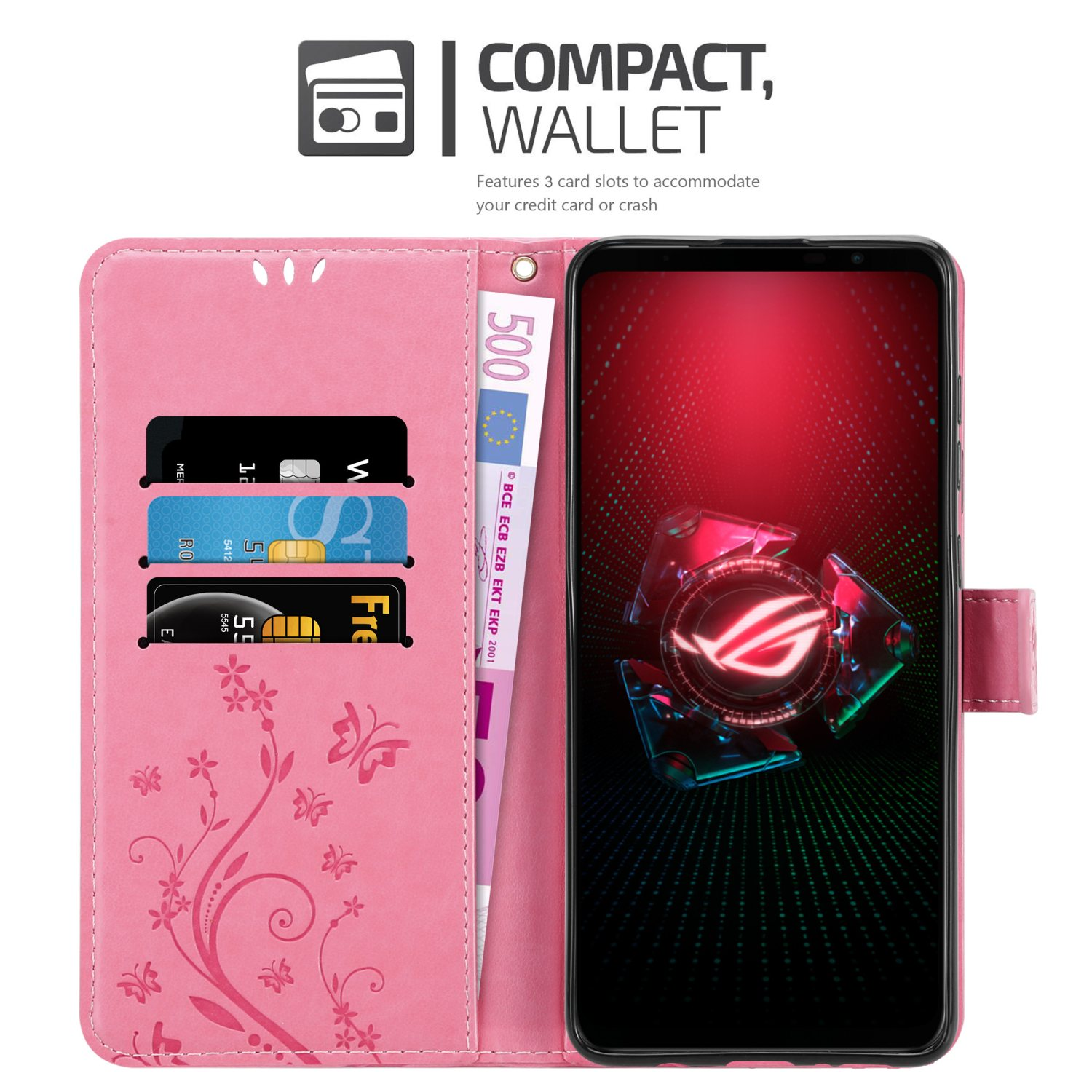 Custodia a portafoglio rosa con carte e telefono. Presenta un design floreale e farfalle. Contiene una banconota da 500 euro.