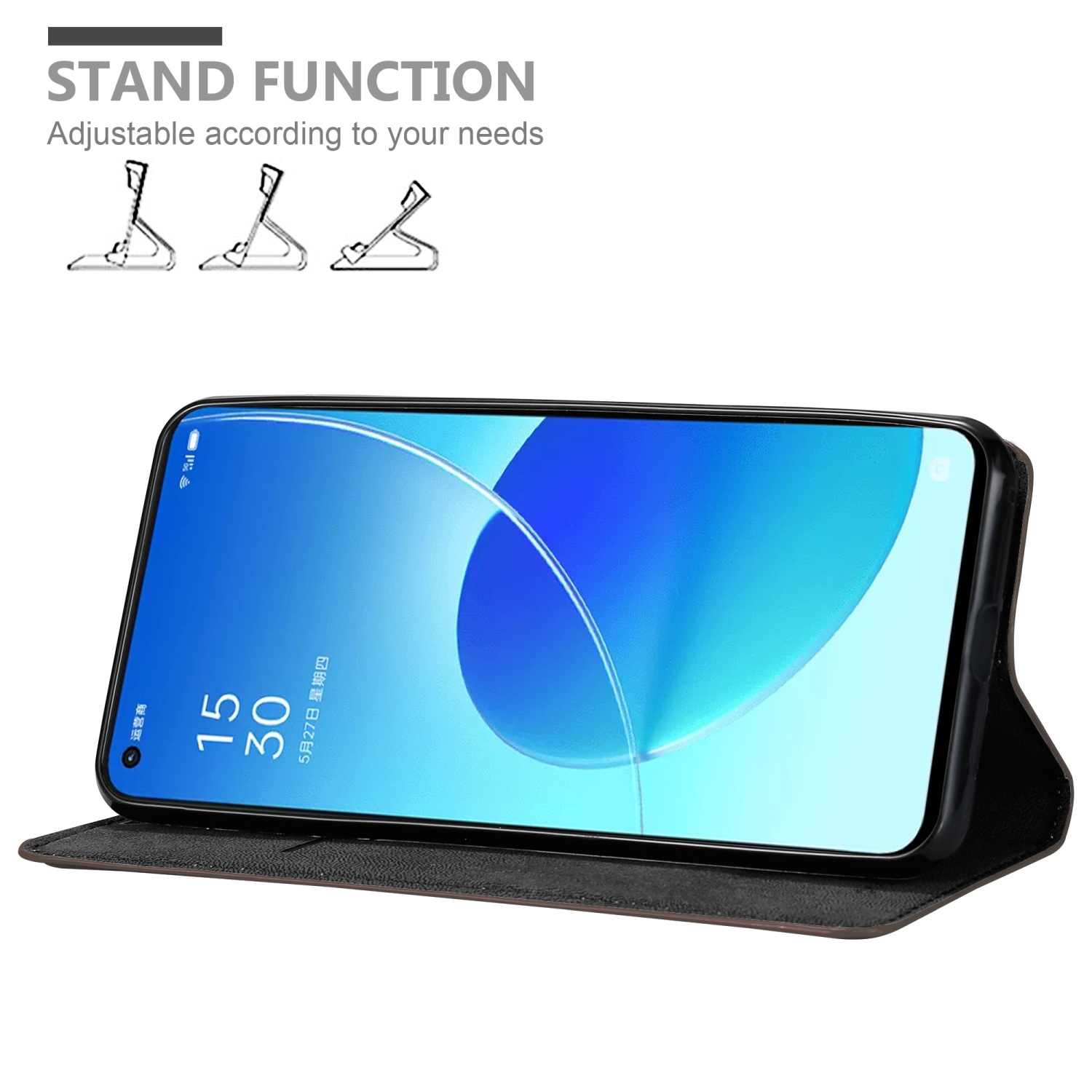 Telefono in una custodia con funzione stand, con il testo 'STAND FUNCTION'.