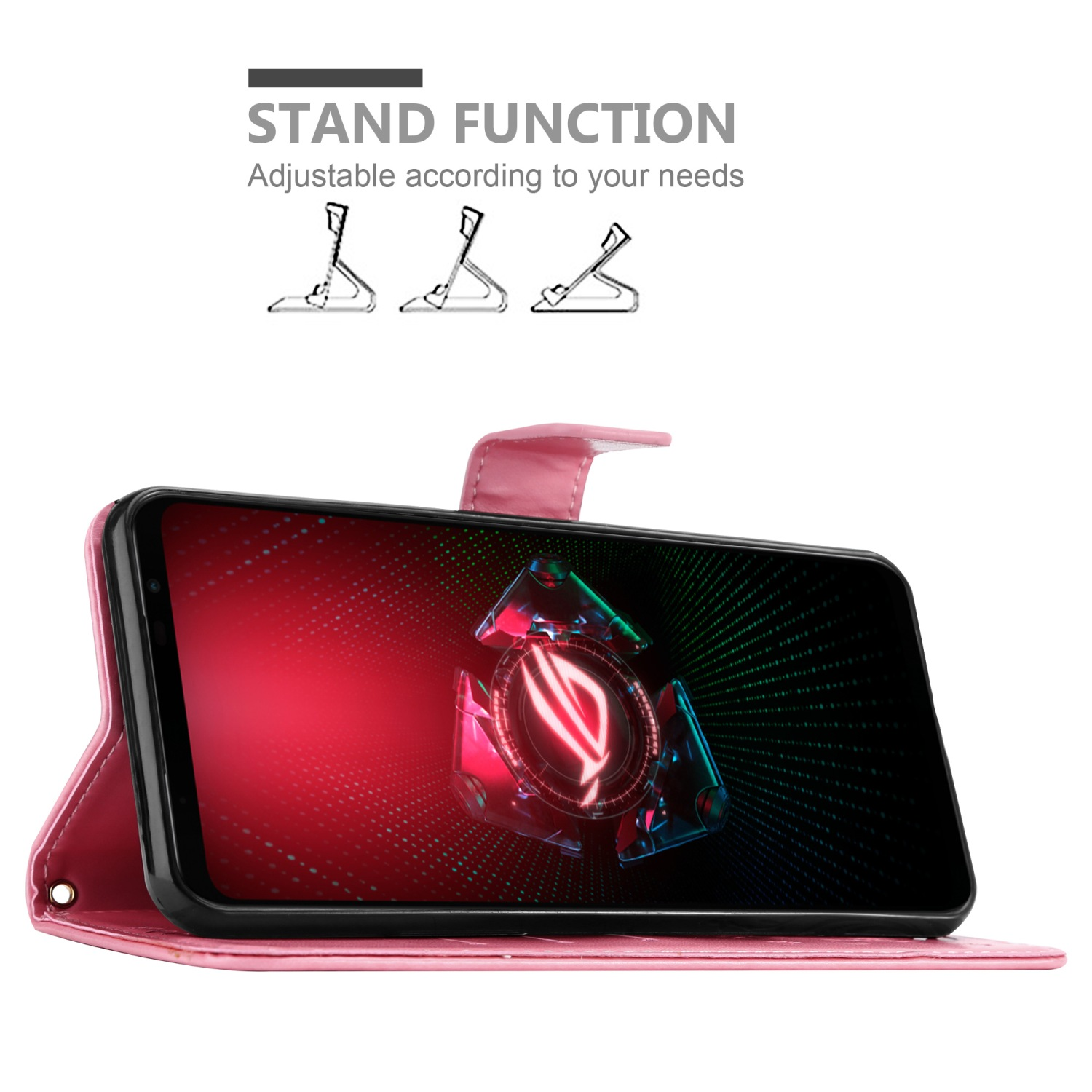 Custodia per telefono rosa con telefono che mostra un logo rosso. Testo 'Funzione supporto'. Il telefono è aperto.