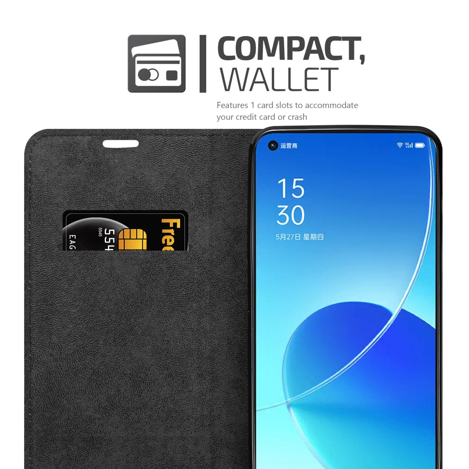 Portafoglio nero per telefono aperto, con carta di credito nello slot e schermo del telefono visibile.