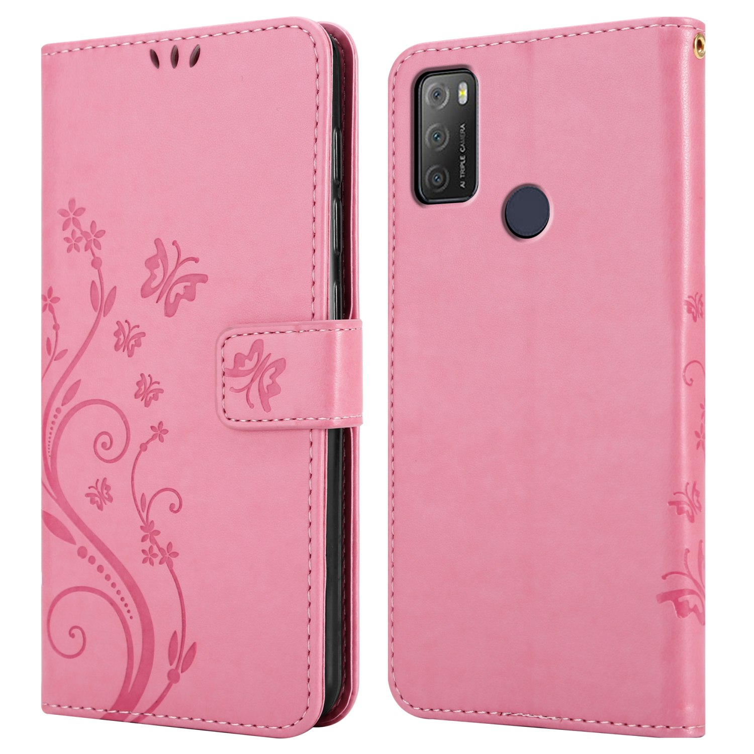 Custodia per telefono rosa aperta. Farfalle e fiori a sinistra. Telefono a destra.