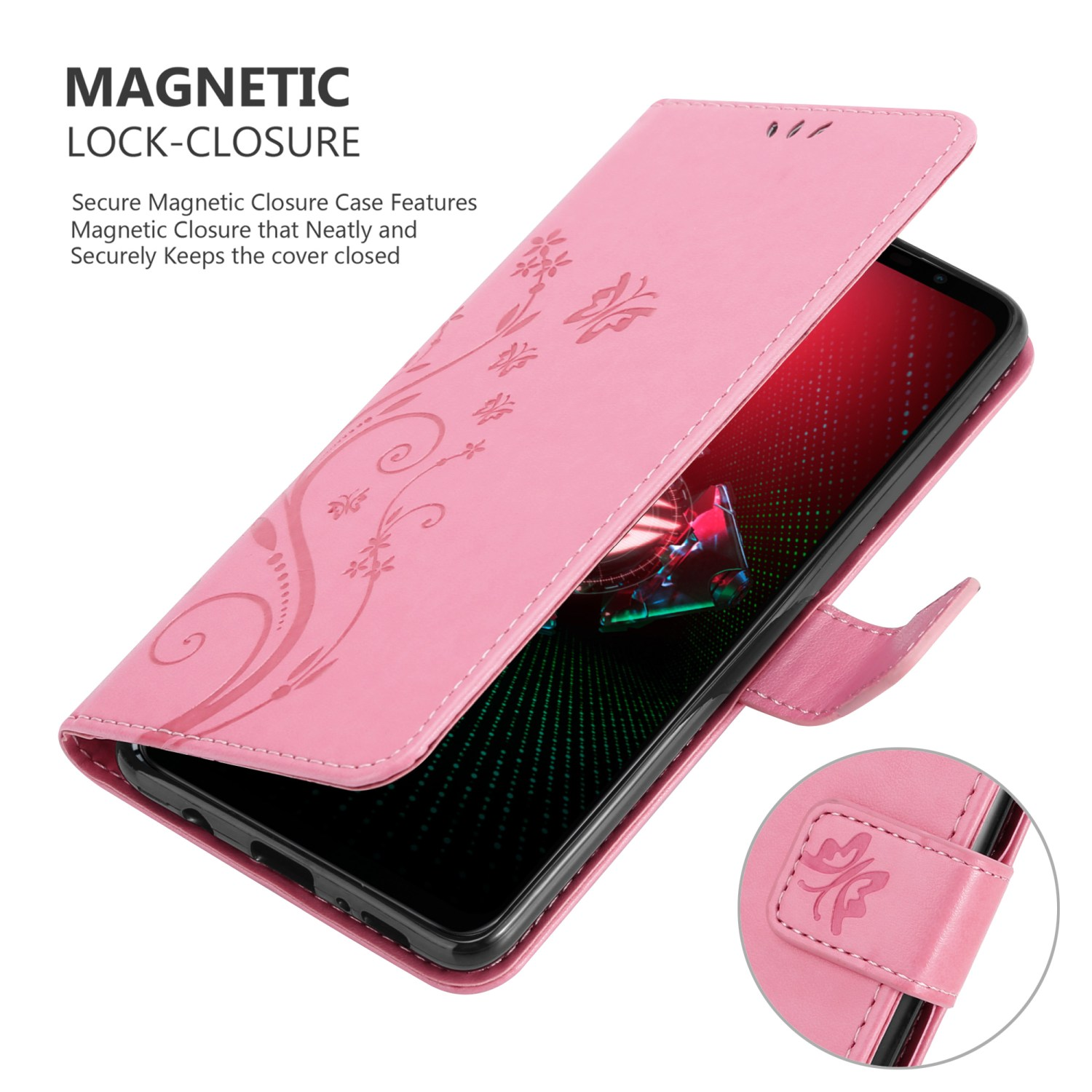 Una custodia per telefono rosa aperta, che mostra un telefono all'interno. La custodia ha un design floreale.