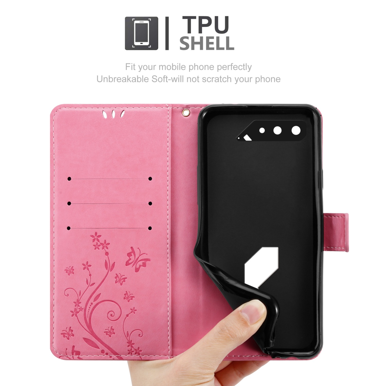 Custodia per telefono rosa, aperta. Telefono nero all'interno, mano che tiene la custodia. Testo: TPU Shell.