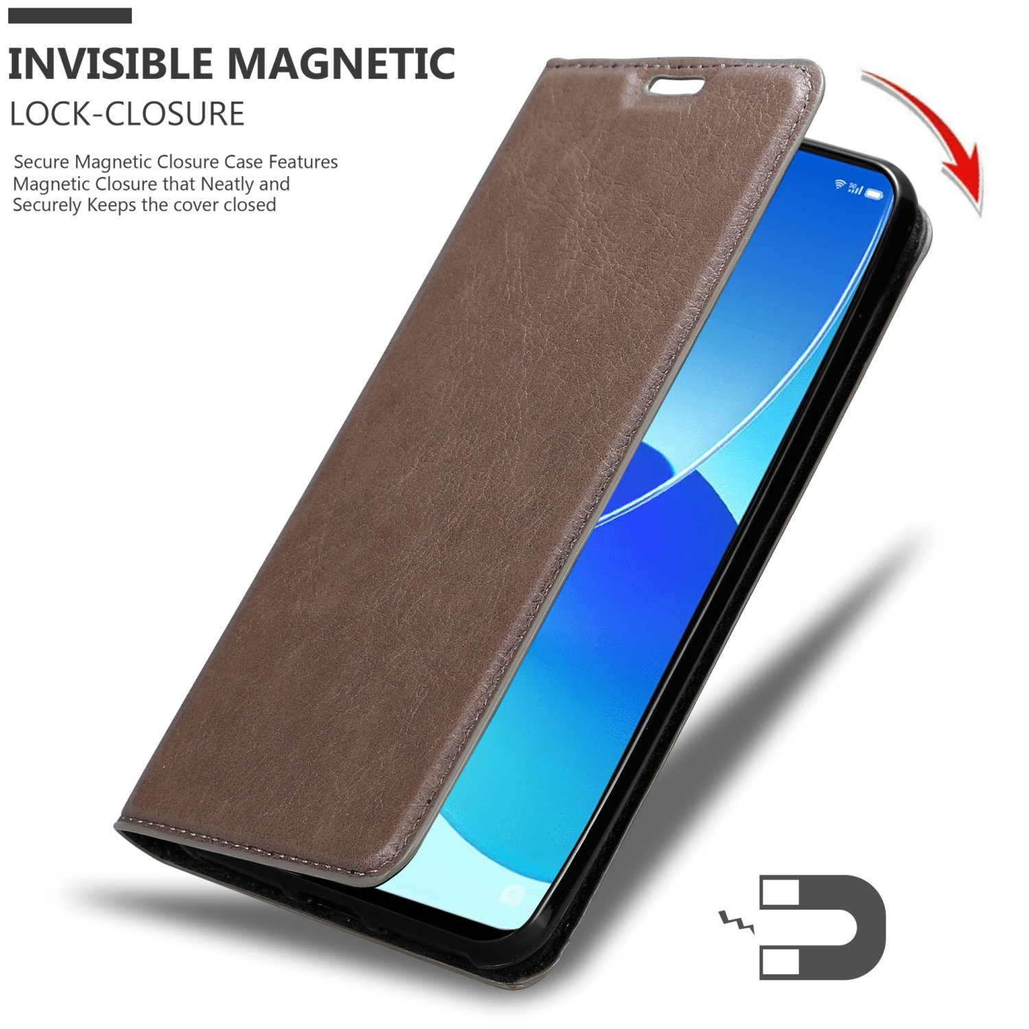 Custodia in pelle marrone per telefono, aperta, con telefono. Chiusura magnetica.