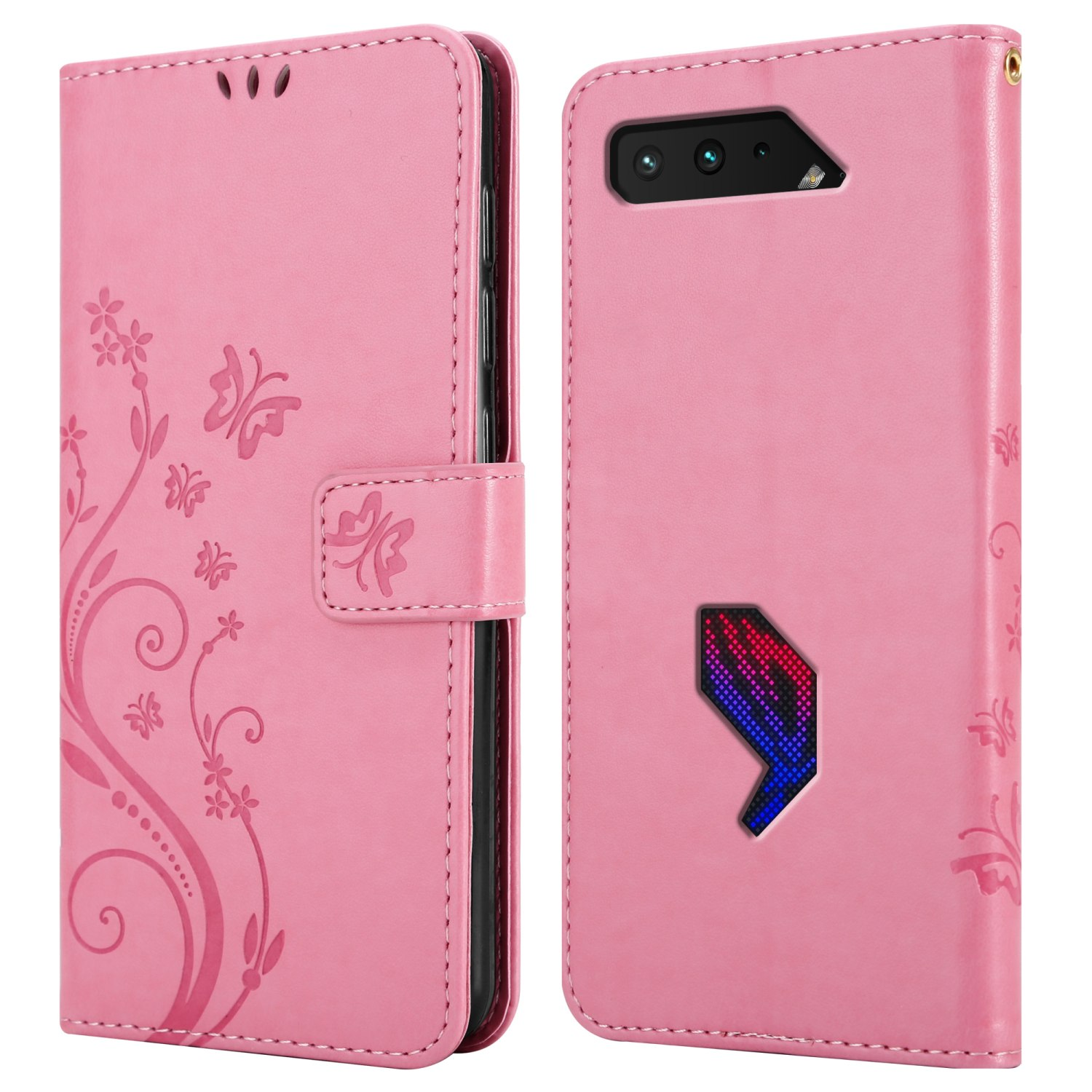 Custodia per telefono rosa con motivo a farfalle e floreale, con un ritaglio a forma di schermo visibile.