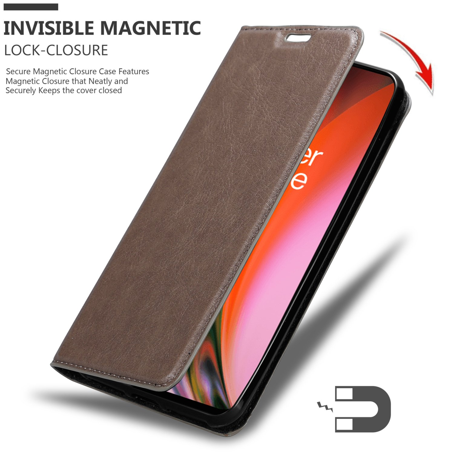 Una custodia per telefono marrone, aperta, che mostra un telefono all'interno. La custodia ha una chiusura magnetica.