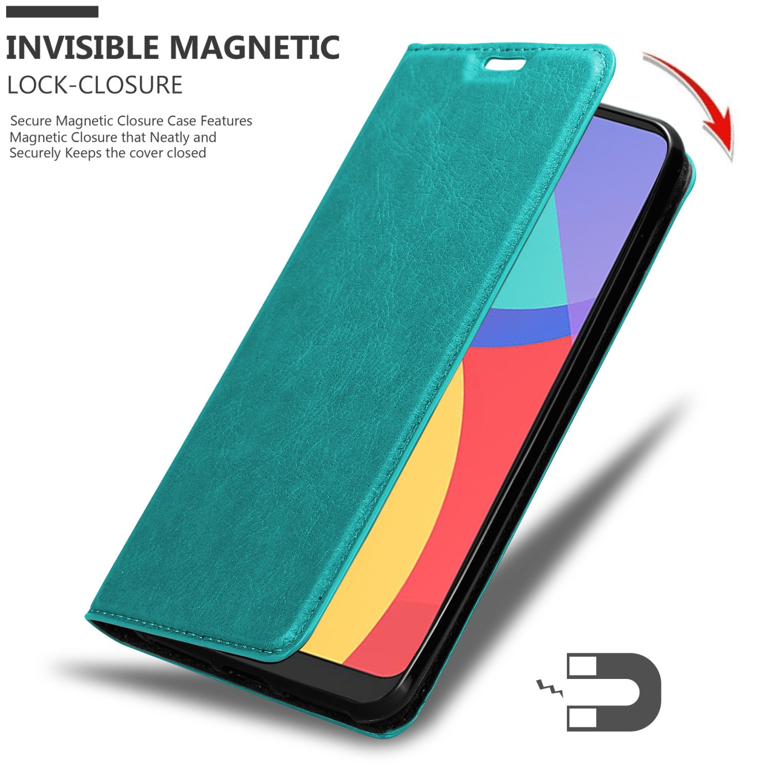 Custodia del telefono aperta, che mostra telefono e chiusura magnetica.