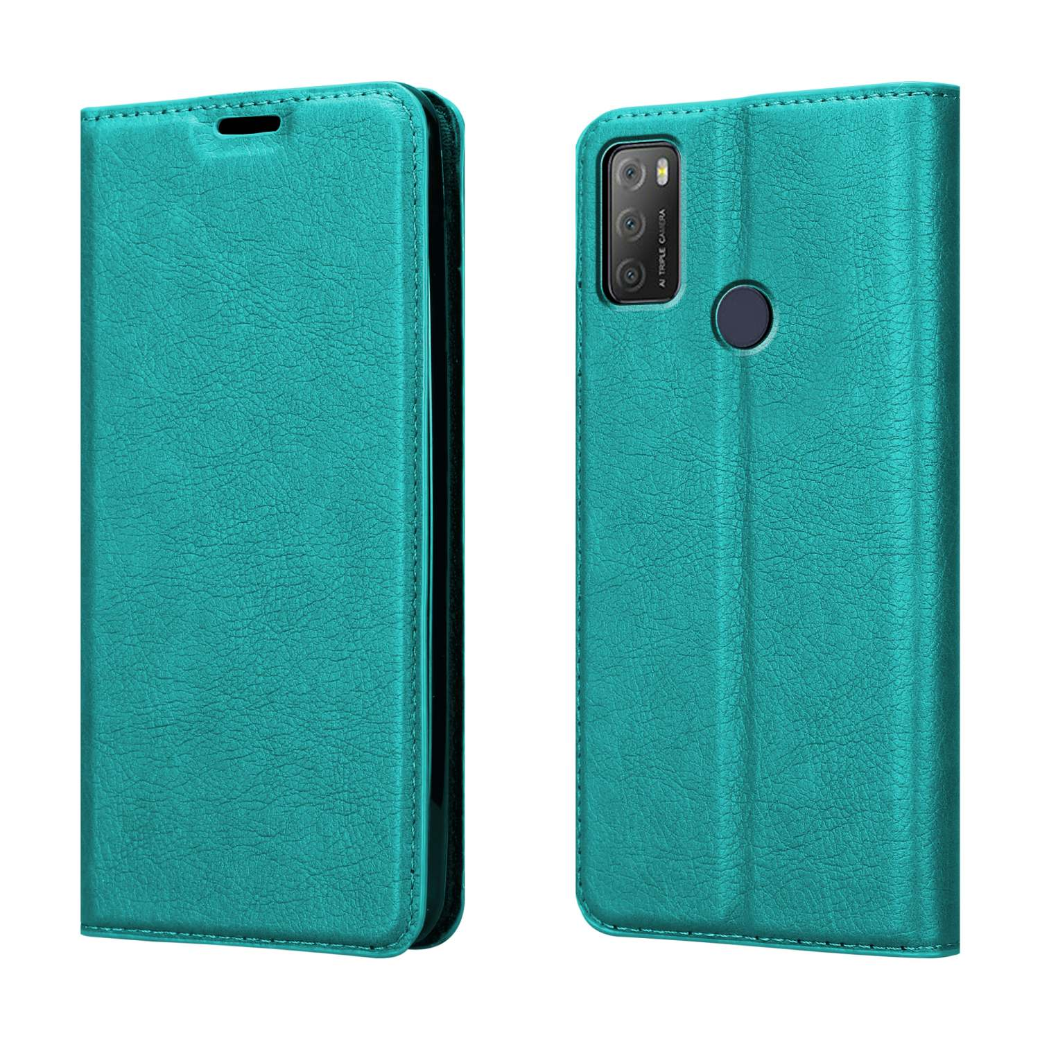 Due custodie per telefono color teal, una aperta, che mostra la fotocamera del telefono, l'altra chiusa.