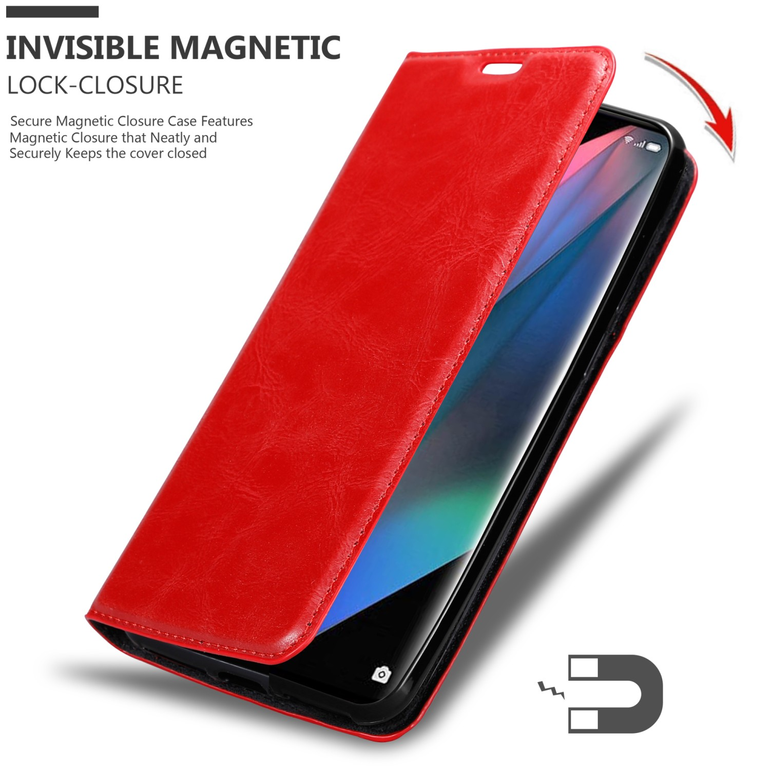 Custodia per telefono rossa con telefono all'interno, che mostra la chiusura magnetica e lo sfondo rosso.