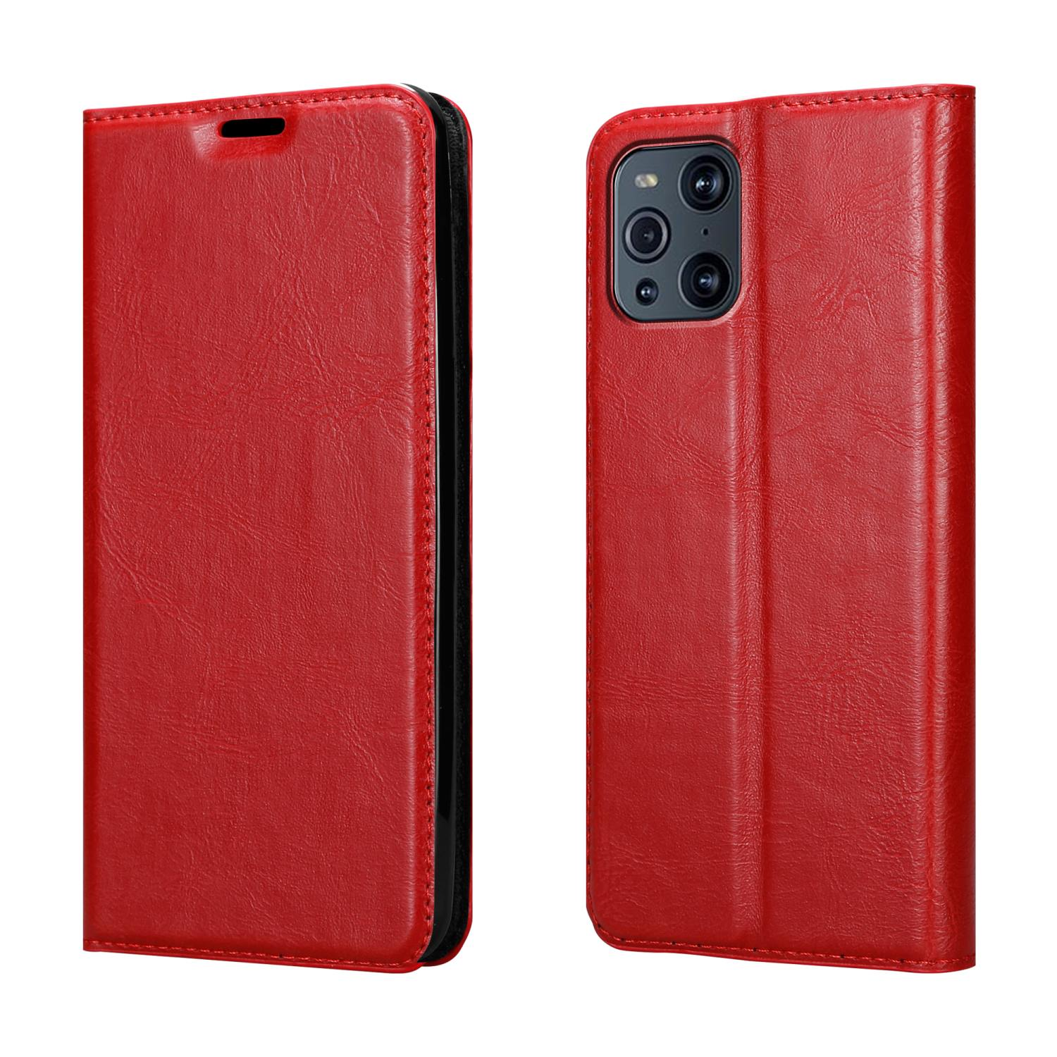 Custodia per telefono in pelle rossa. Un lato chiuso, l'altro mostra il telefono.