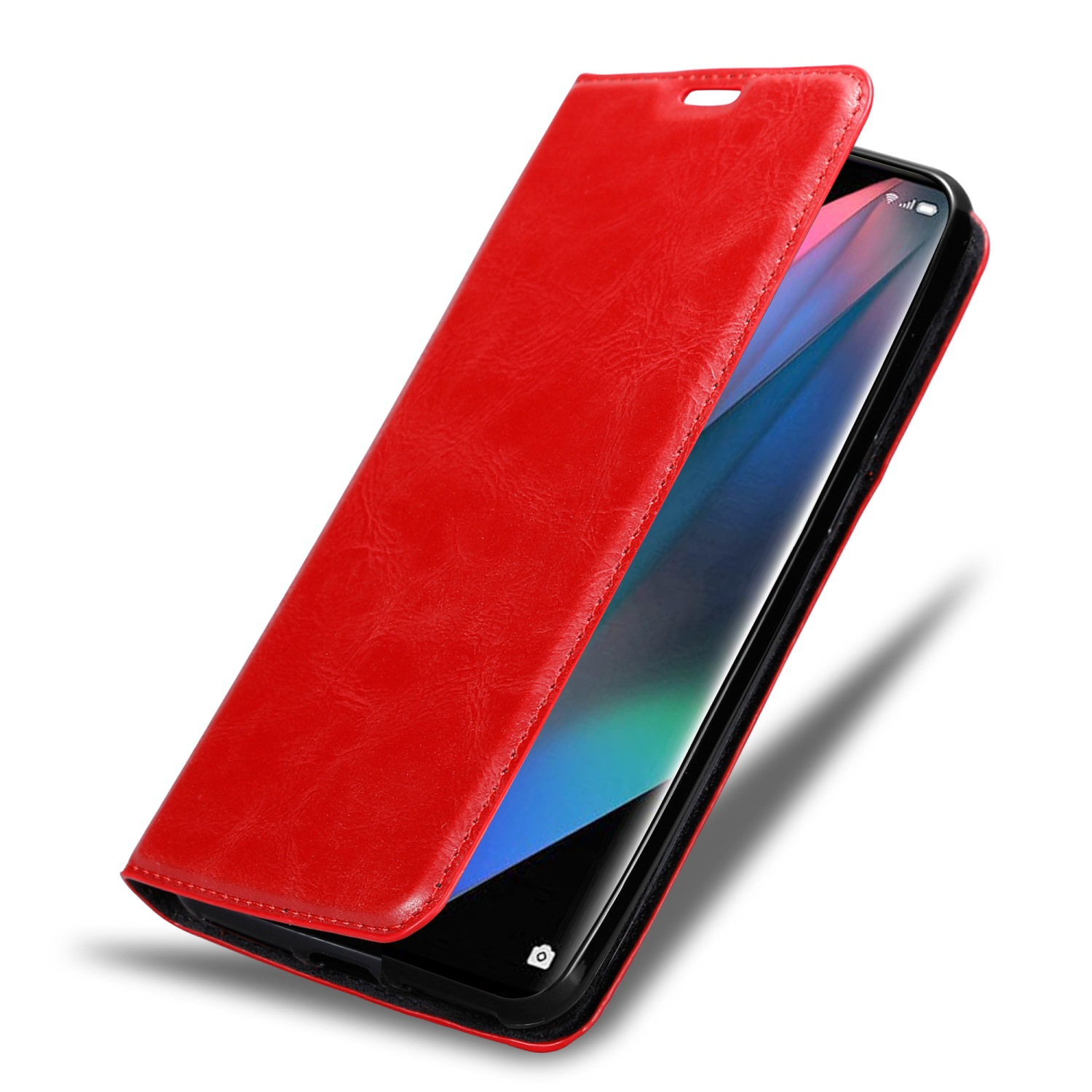 Una custodia rossa per telefono è aperta, mostrando uno schermo del telefono. Il telefono è nero con uno schermo visibile.