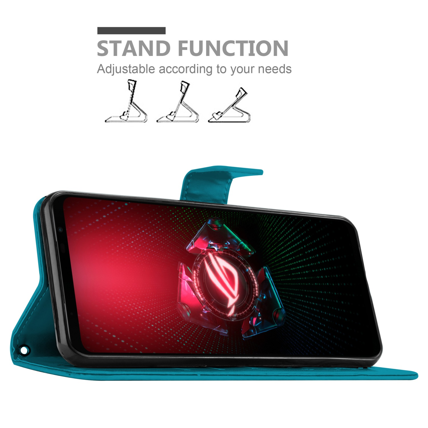 Custodia per telefono verde acqua con telefono aperto che mostra uno schermo, con funzione stand.