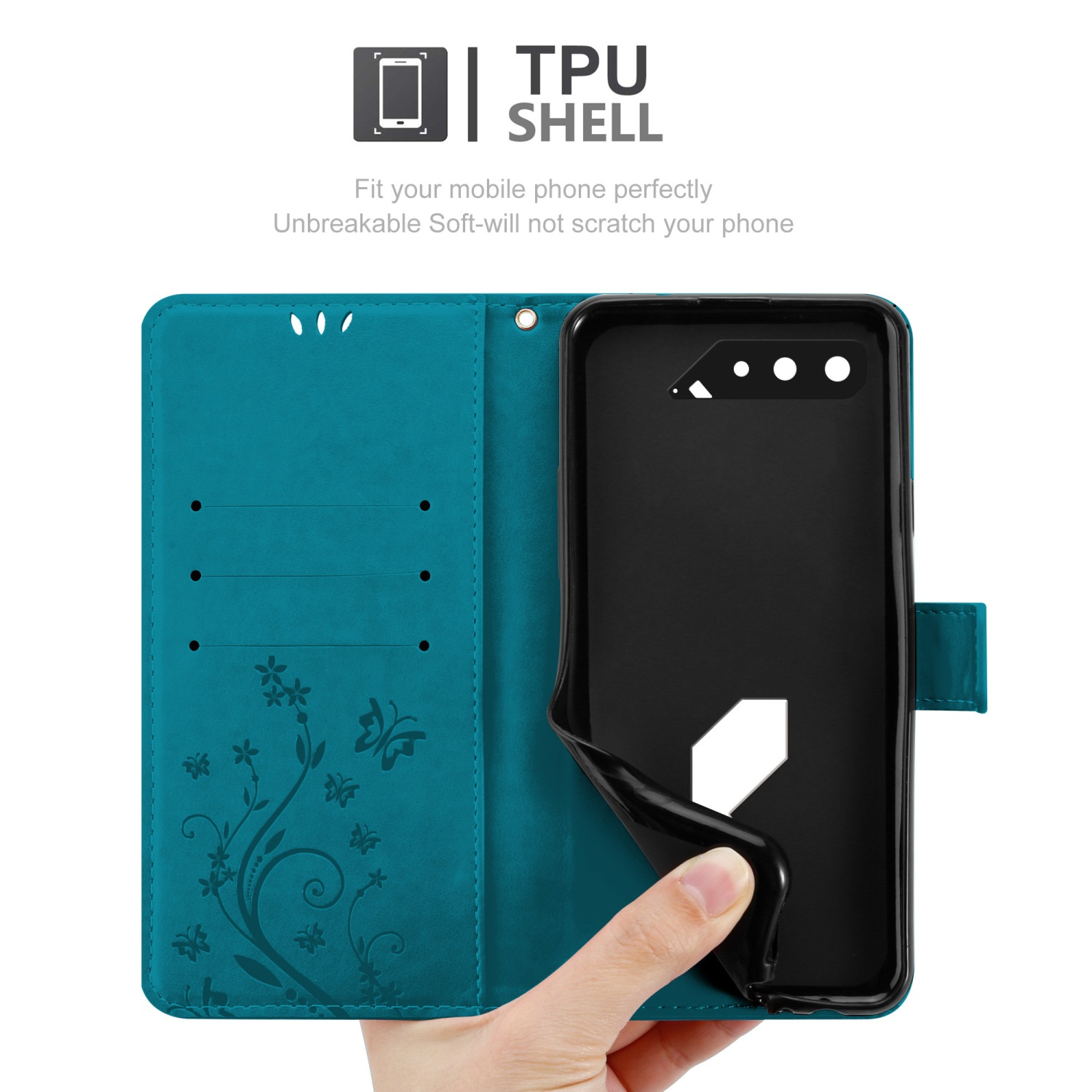Una custodia per telefono color turchese con un design floreale, aperta per rivelare il telefono e uno slot per schede.