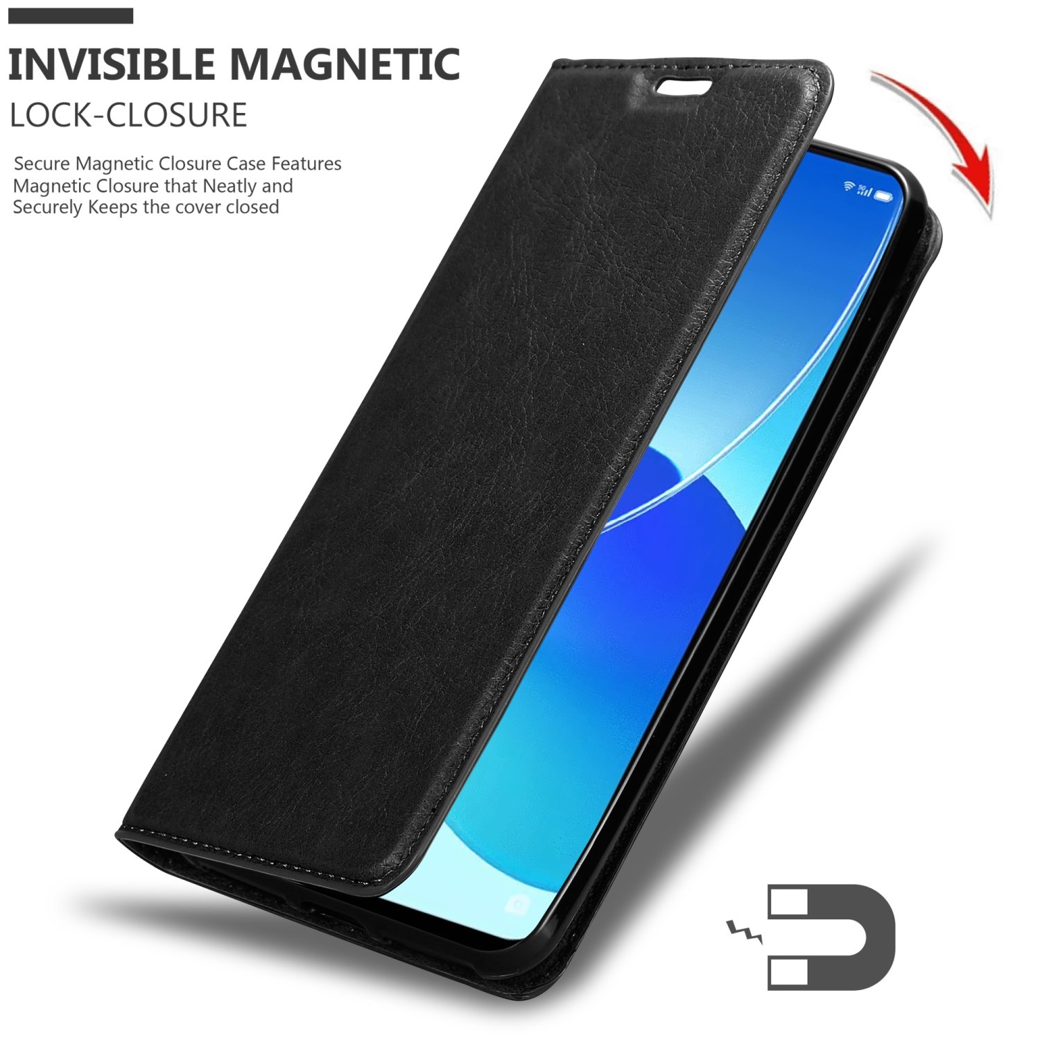 Custodia per telefono nera con coperchio aperto che mostra un telefono, testo: chiusura magnetica invisibile.
