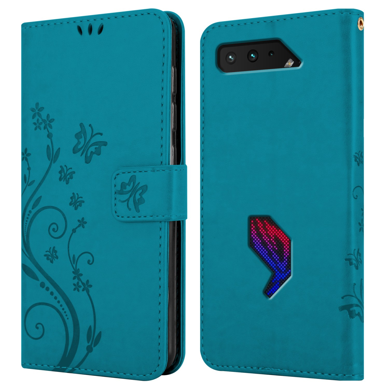 Una custodia per telefono blu, aperta, con disegni floreali a sinistra e uno schermo a destra.