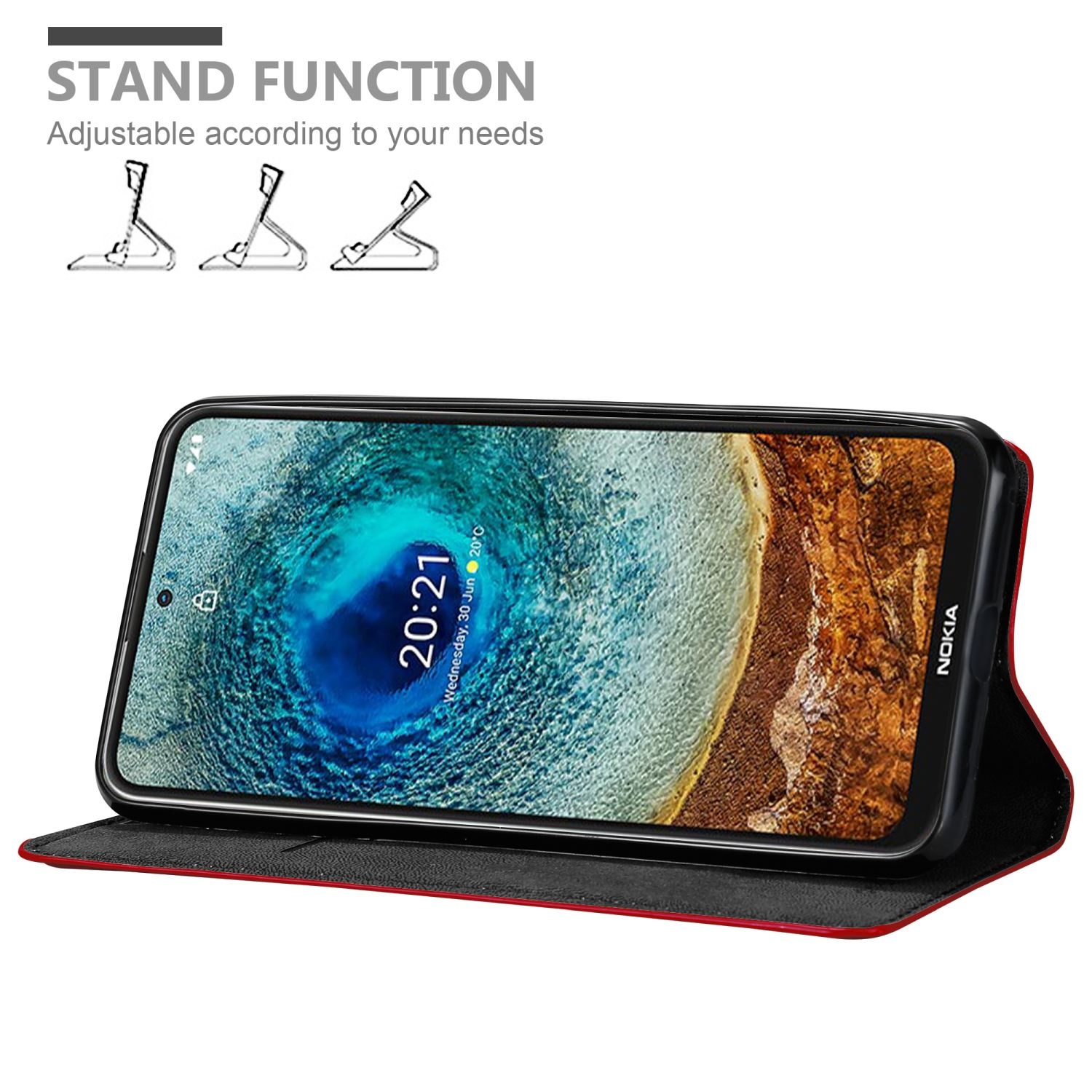Telefon in roter Hülle, geöffnet und zeigt den Bildschirm. Standfunktionsdiagramme sind oben links.