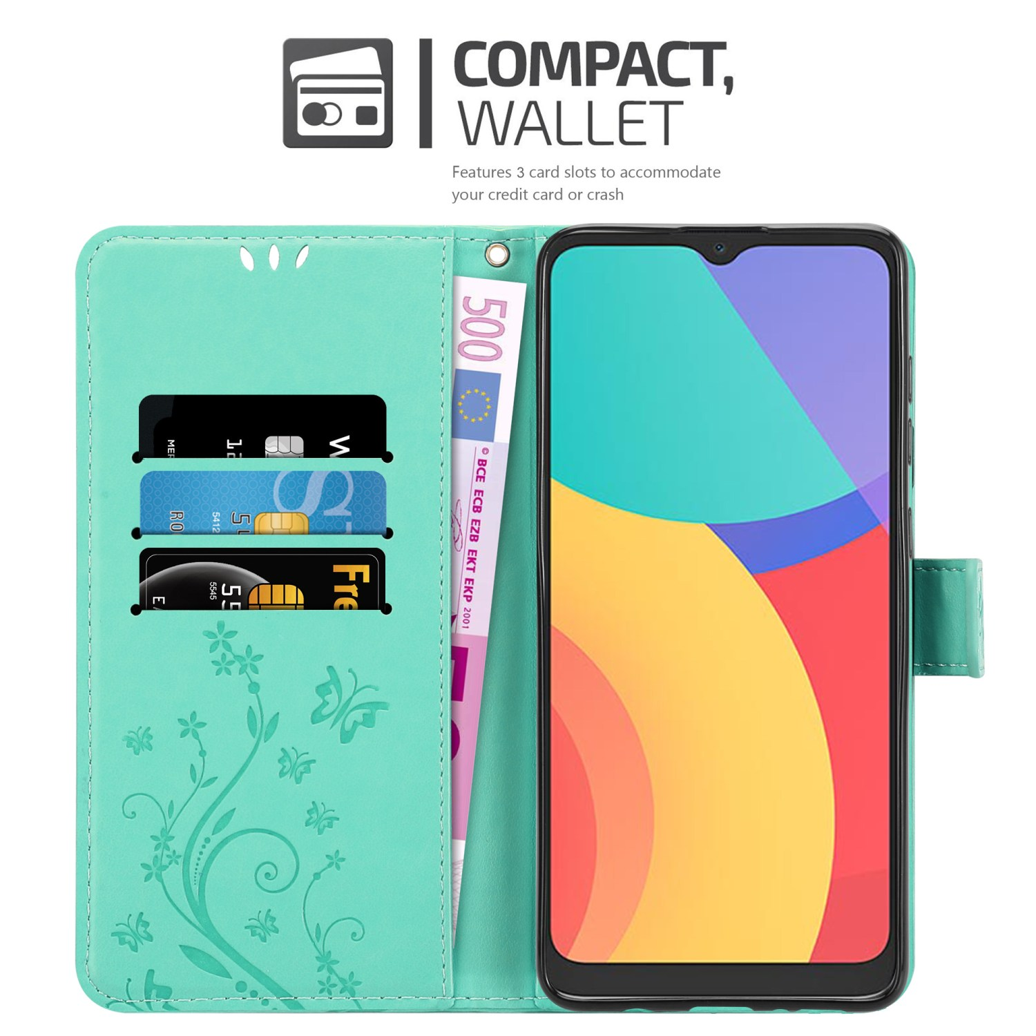 Custodia a portafoglio turchese con carte e un telefono che mostra un'immagine colorata.