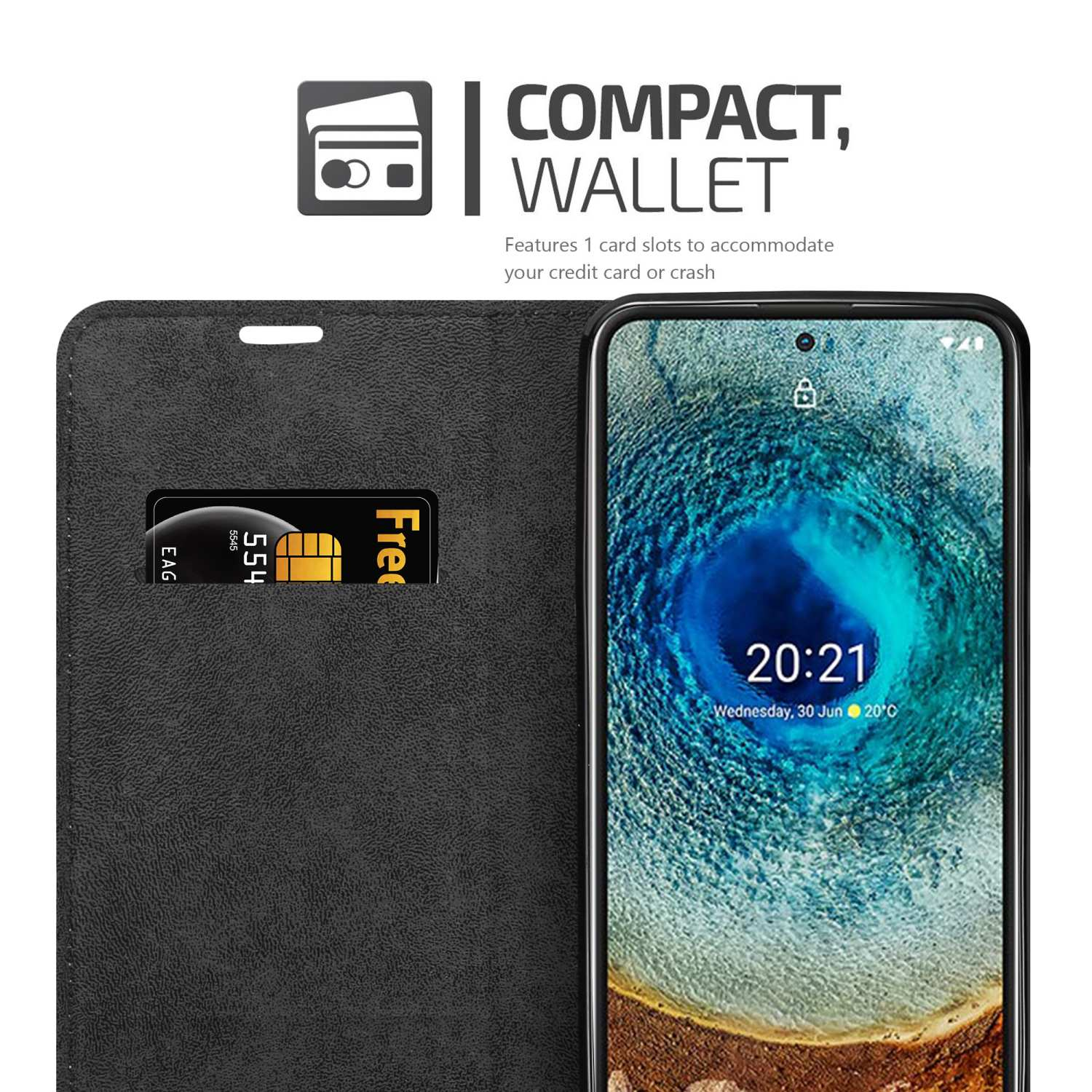 Schwarze Handyhülle mit einem Telefon im Inneren. Das Gehäuse hat einen Kartensteckplatz mit einer Kreditkarte.
