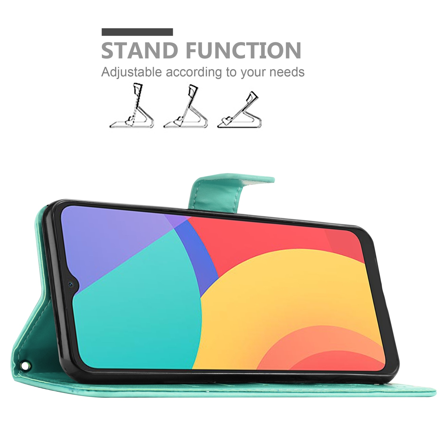 Custodia verde acqua con telefono, che illustra la funzione stand.