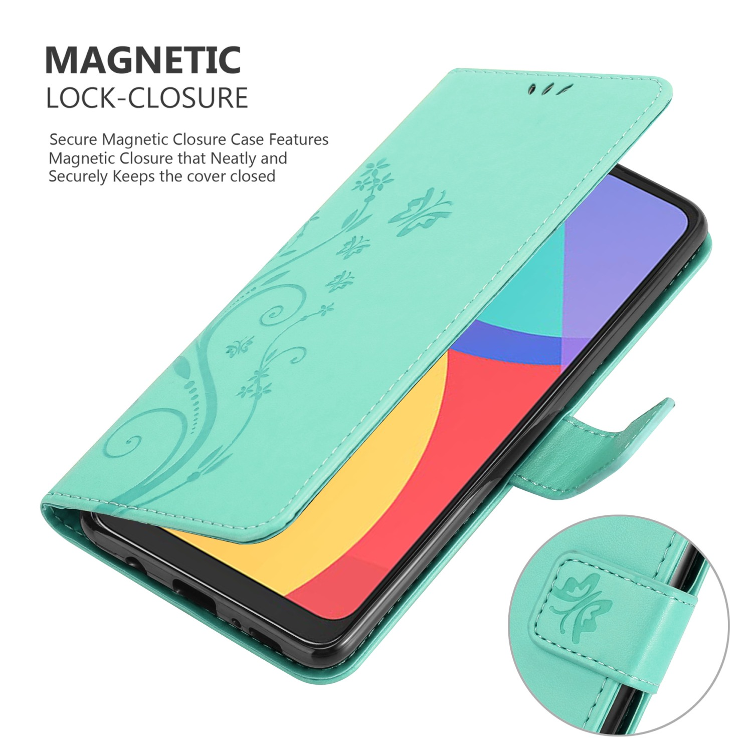 Custodia per telefono in due parti, colore verde acqua. La custodia aperta mostra la fotocamera e lo schermo del telefono.