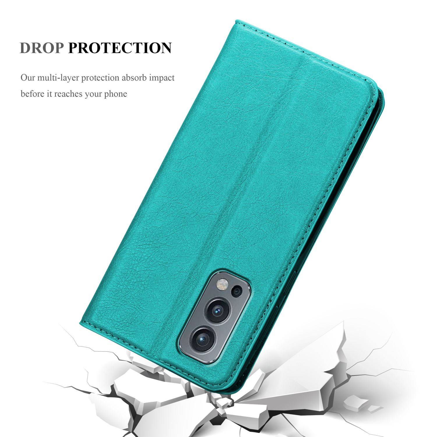 Una custodia per telefono color verde acqua è aperta, mostrando il telefono e un terreno crepato, evidenziando la protezione dalle cadute.