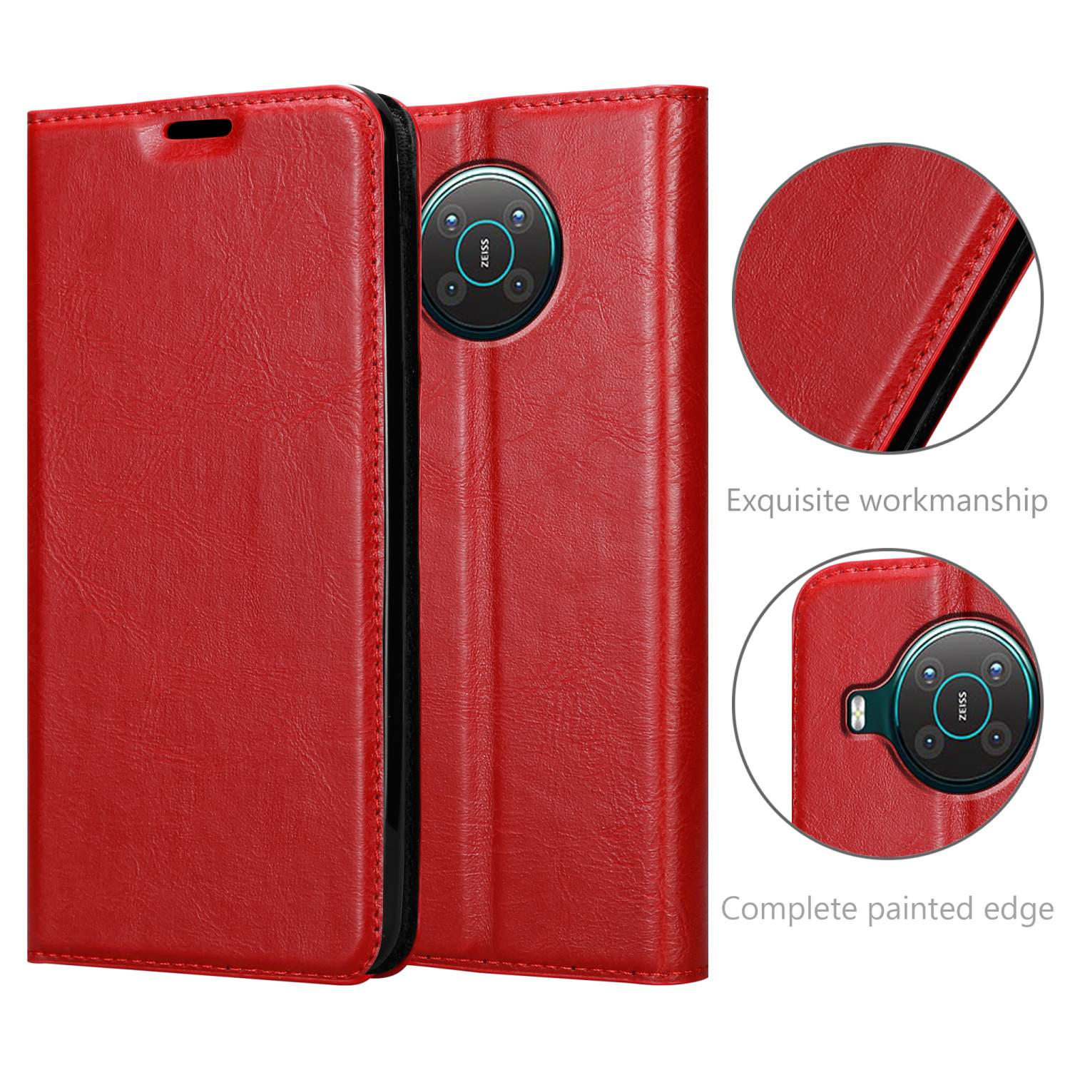 Rote Leder-Handyhülle mit Detailansicht und Zeiss-Logo.